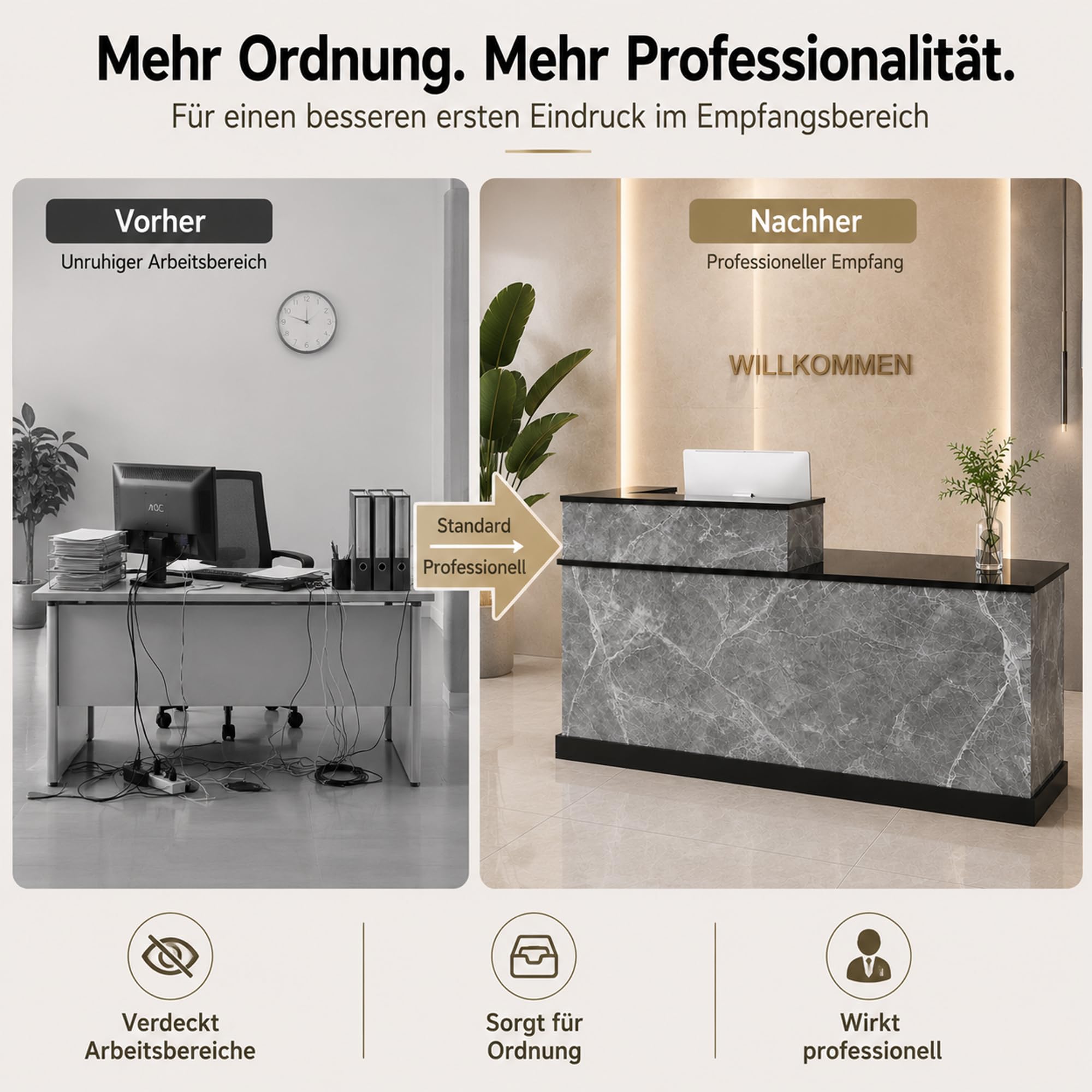JSLJDM Empfangstheke 160 cm mit Stauraum, Moderne Theke in Marmoroptik, Empfangstresen für Büro, Praxis, Salon und Geschäft Left