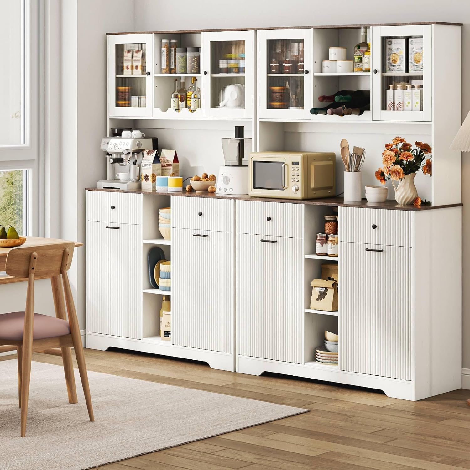 71" Fluted Kitchen Pantry Cabinet with Power Outlets, Farmhouse 10×2 Gallon Double Tilt Out Trash Can Cabinet, 47" Wide Kitchen Hutch with Hidden Garbage Storage for Dining Room,Laundry organization