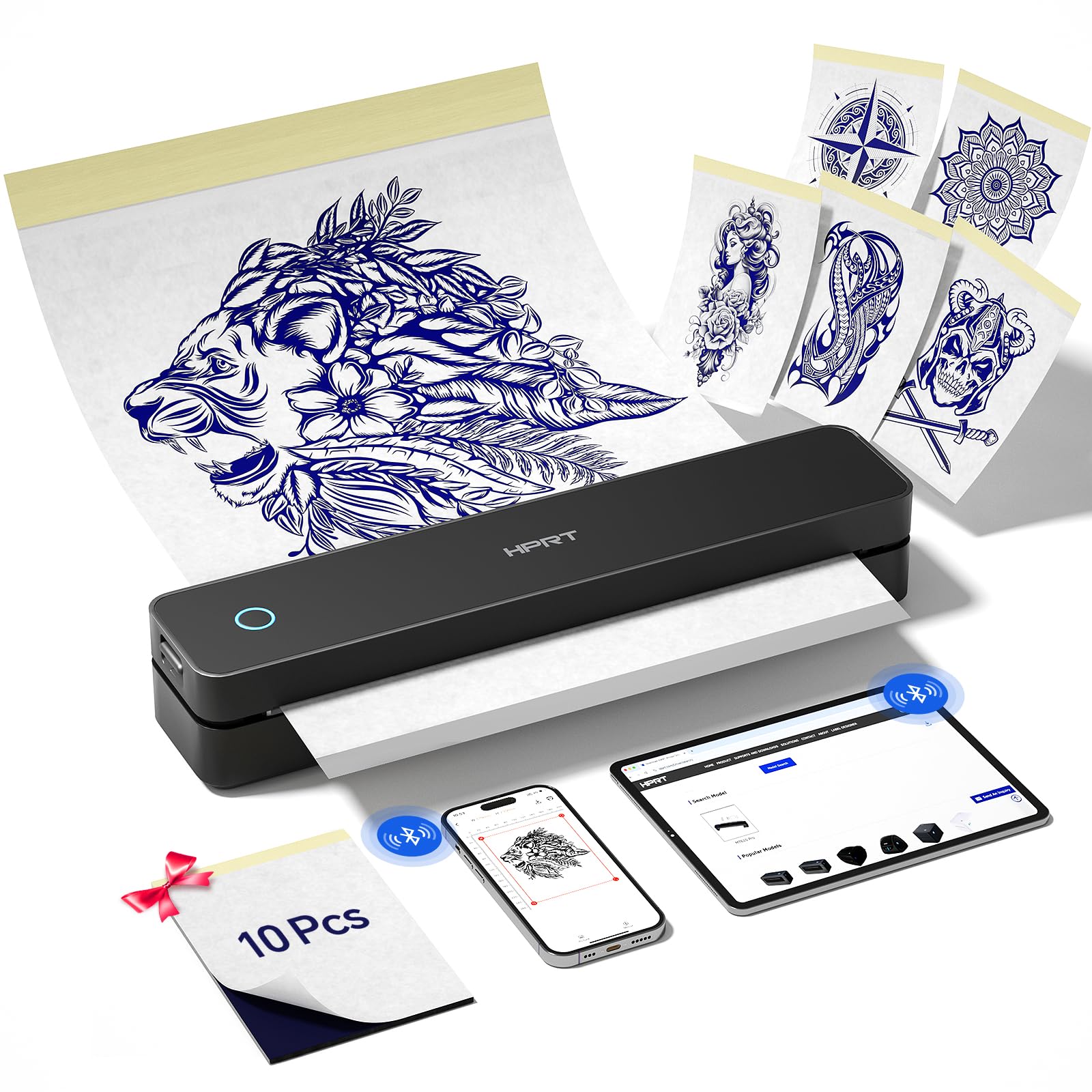 HPRT Tragbarer Bluetooth-Thermo-Tattoo-Aufkleber – Kabelloser Tattoo-Schablonendrucker mit 10 Blatt Druckpapier, DIY-Temporär-Tattoos für Tätowierer und Anfänger, wiederaufladbar über USB