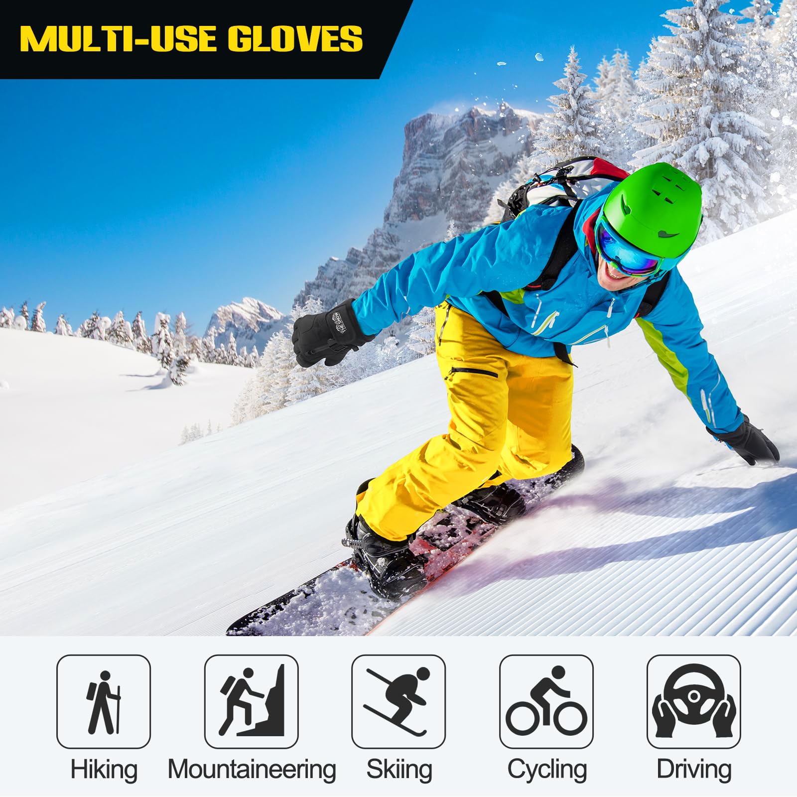Gants de Ski, Gants Chauds d'hiver à Écran Tactile pour Homme et Femme Neige Imperméable Vent Respirant Antidérapant Poignet Réglable pour Ski Snowboard Cyclisme Moto Randonnée