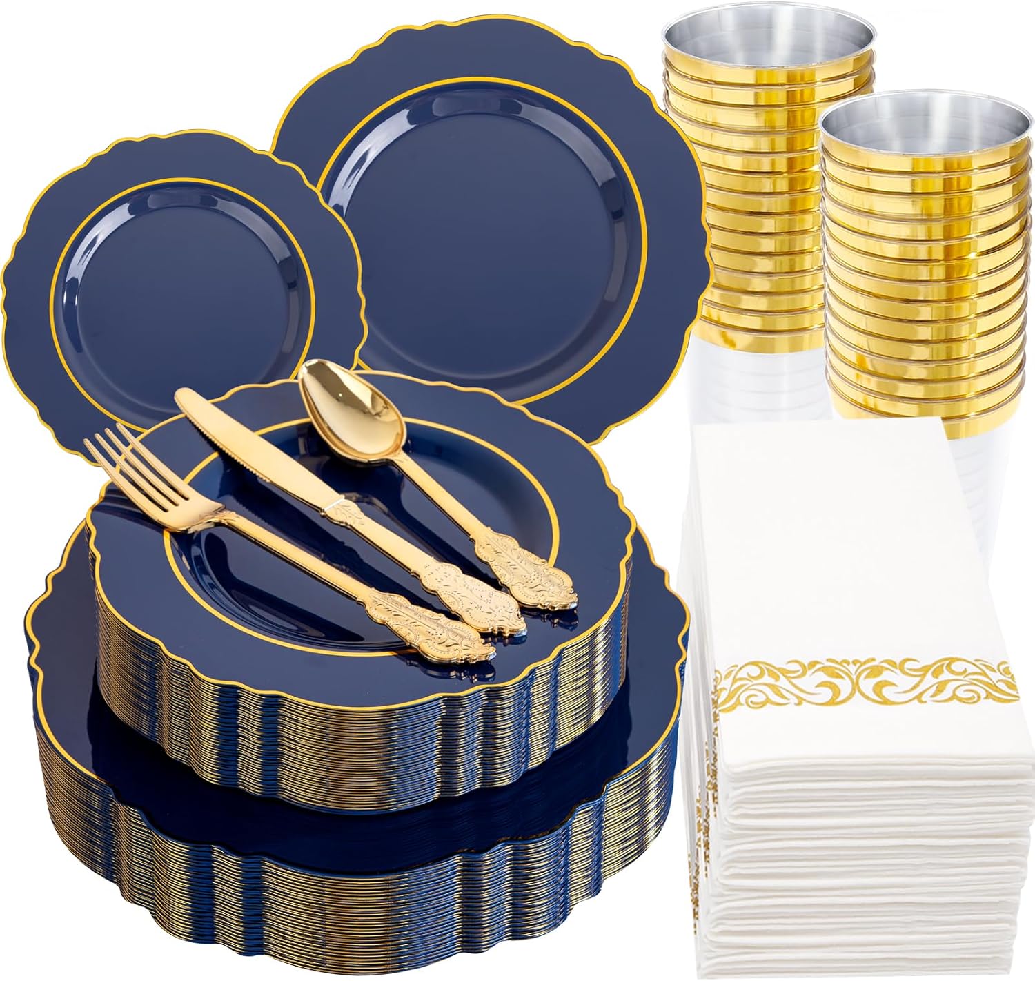 KIRE 210Pcs Navy Blue Plastic Plates - Blue Plates Disposable - 30guest Baroque Plastic Dinnerware for Upscale Wedding/Parties