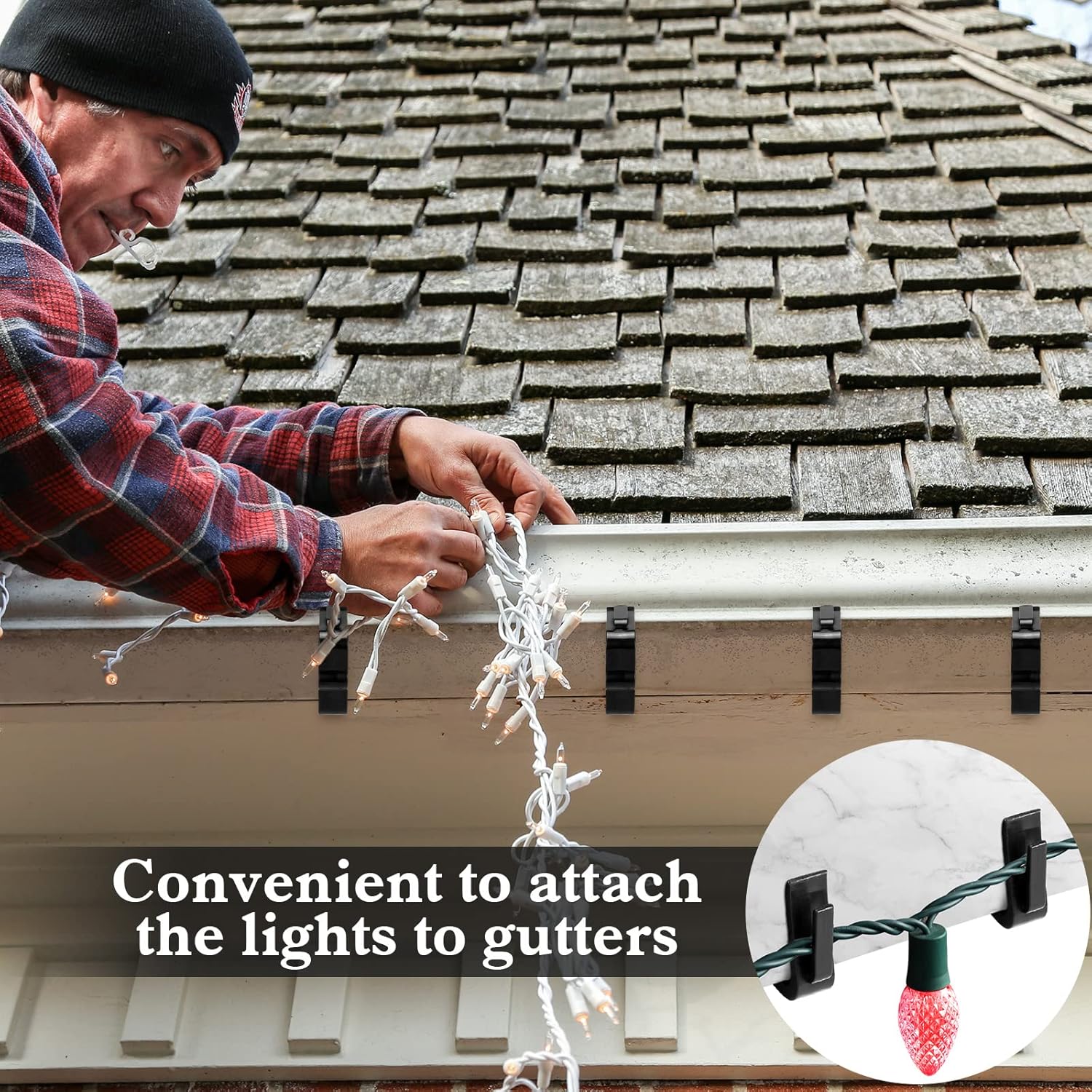 Marsui 200 Pcs Christmas Light Clips Small Outdoor Roof Gutters and Shingles Hooks 1 5/8 Inch Fascia Boards Hanger Plastic Holiday String Light Clips for Xmas Outside Decoration Fence Eave (Black)