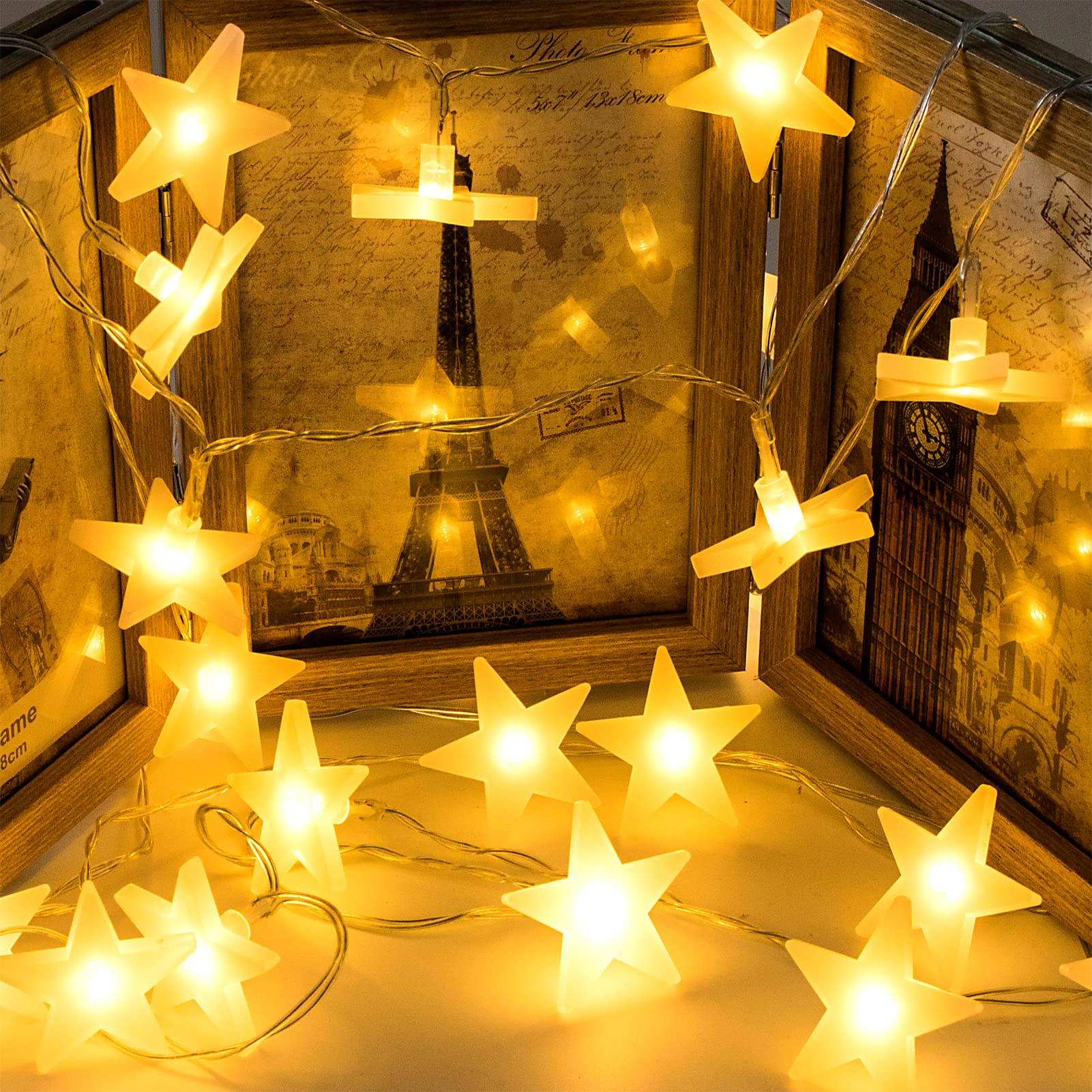Uping Guirnalda Luminosa | 30 Estrellas, 4.35 Metros | Funciona Con Pilas | Decoración Exterior y Interior para Fiesta/Boda/Ceremonia/Jardín/Casa (Blanco Cálido)