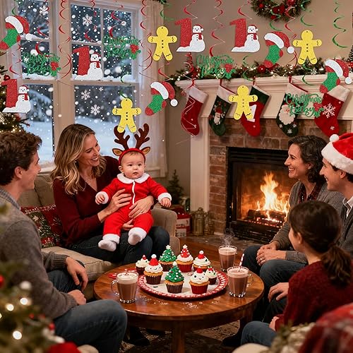 Miniatura 3 de 16Pcs Christmas First Birthday Hanging Swirls Christmas Party Ceiling Decoration Santa Baby Shower Decoration Red Green Glitter