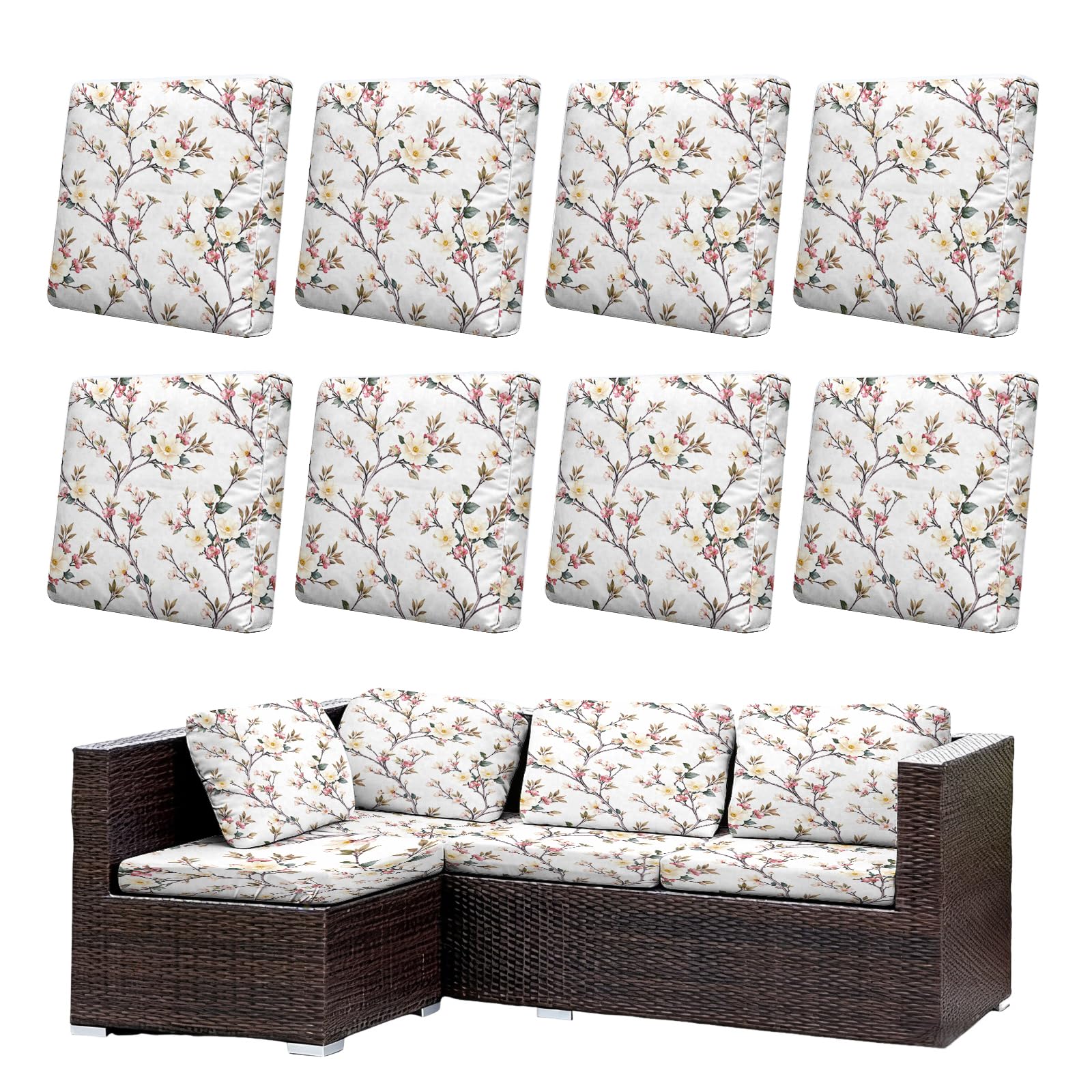 Morbuy Copricuscini Impermeabili per Esterno Giardino Patio, Set 6/8, Divano Angolare in Rattan (Alberi in fiore)
