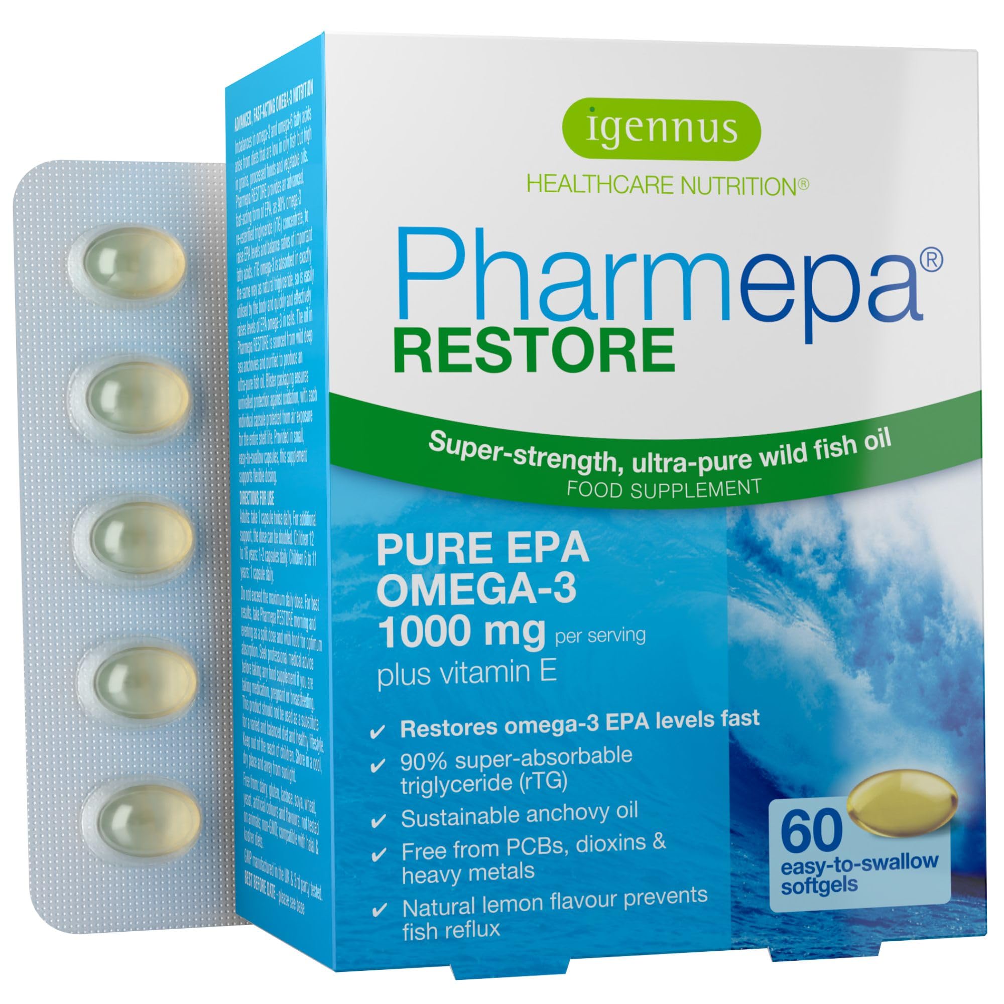 Igennus Pharmepa Restore, 1000mg reines EPA, IFOS-zertifiziert | Omega-3 rTG Fischöl, 60 Weichkapseln, 90%-ige Konzentration, dreifache Stärke, aus nachhaltigem Wildfang, Zitrusgeschmack