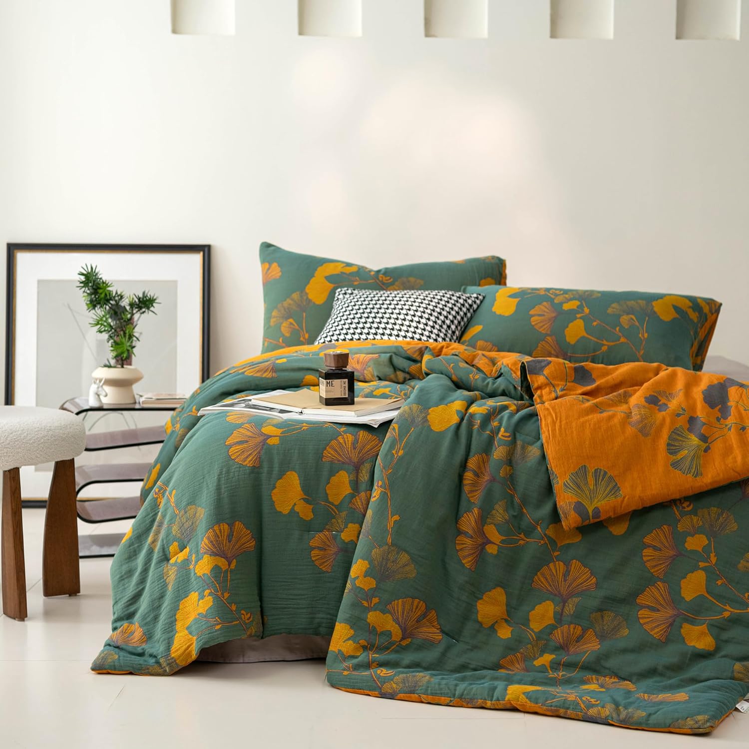 100% Cotton Muslin Jacquard Comforter Set, Floral Ginkgo Leaves Print, Soft Lightweight Reversible 3 Piece Bedding Sets for All Season, Green Yellow, Full/Queen(90"x90") - Image 5