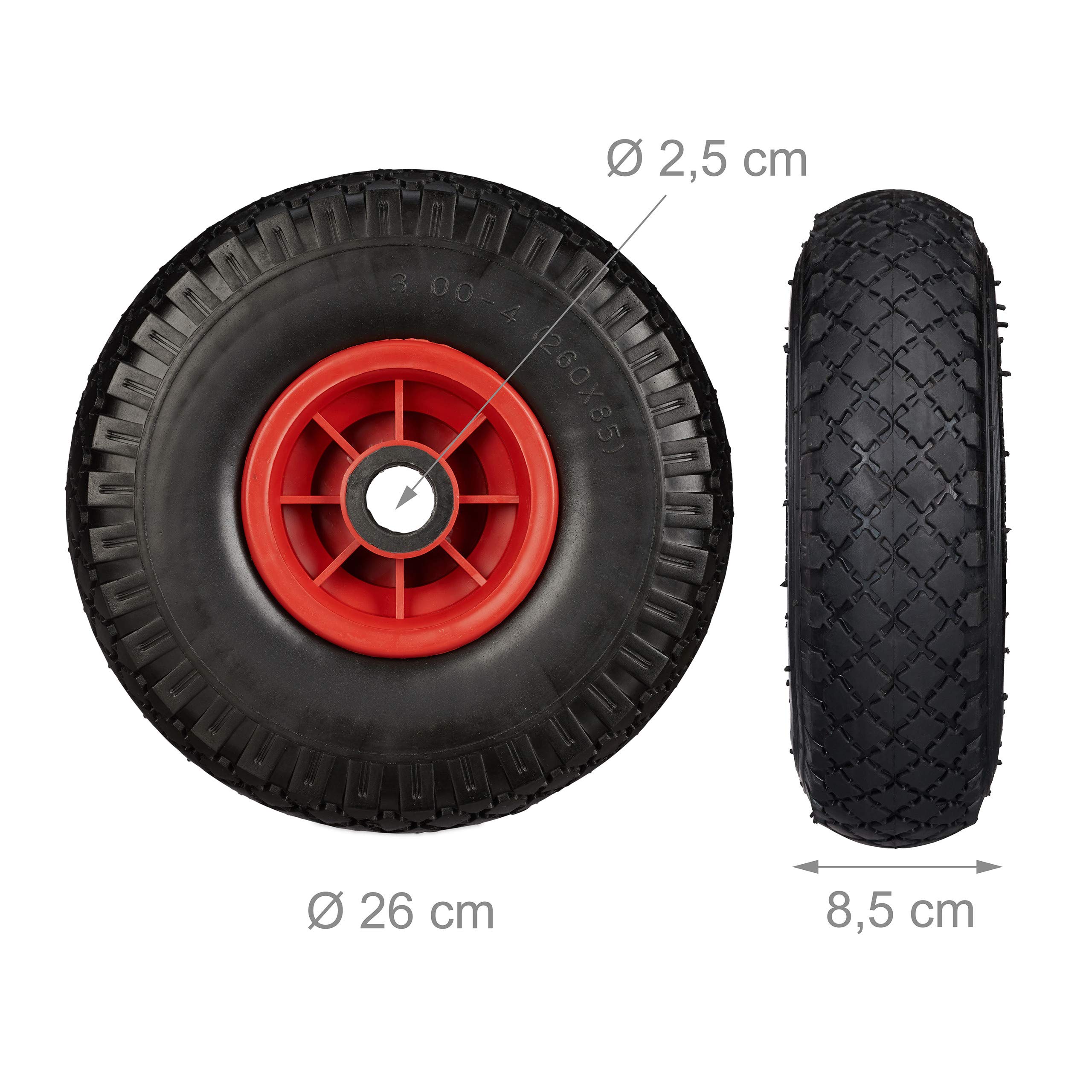 Relaxdays Set de cuatro ruedas de carretilla, Resistente a golpes, 3.00-4", Eje 25mm, Hasta 80 kg, 260x85 mm, Negro-rojo
