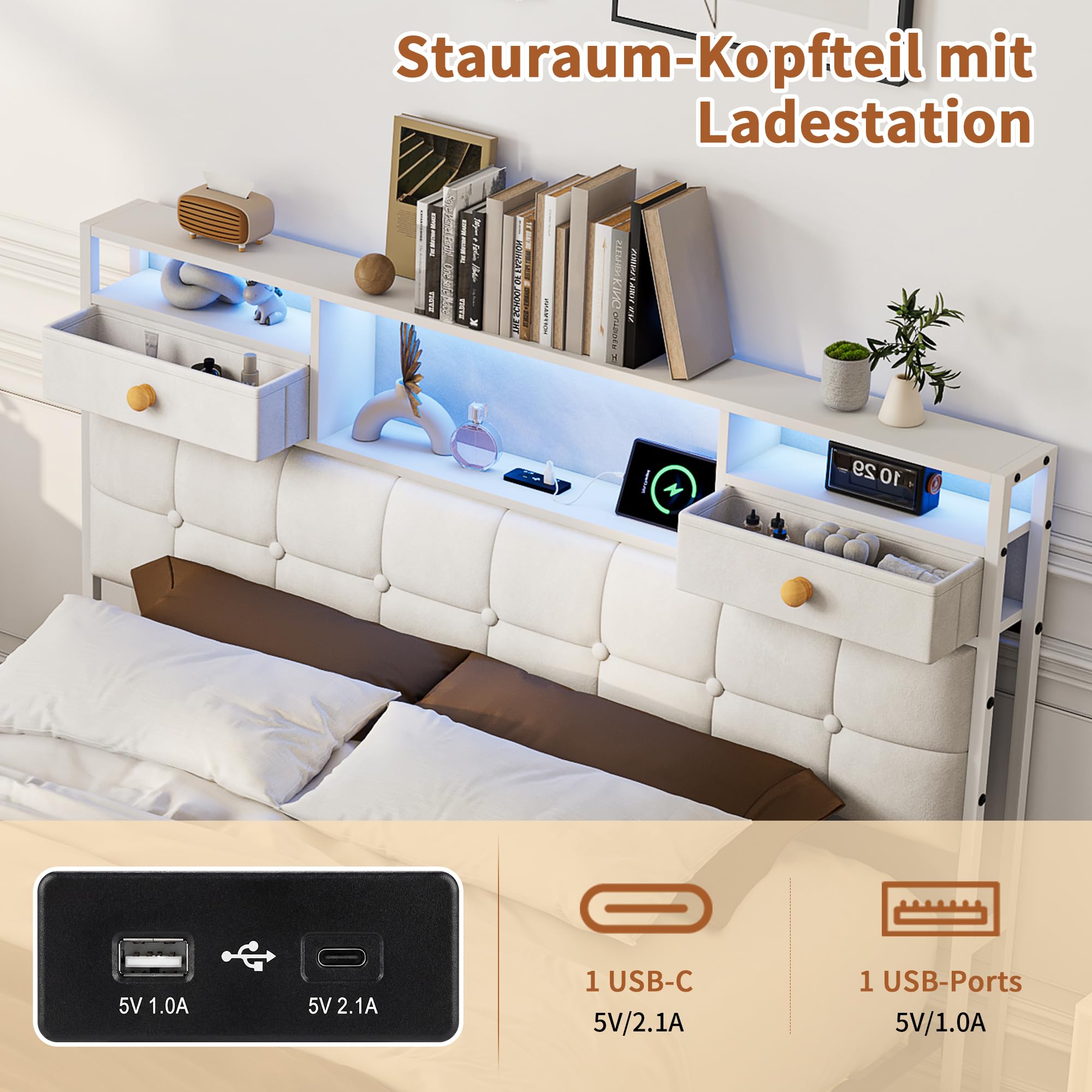 Łóżko tapicerowane 160 x 200 cm, podwójne łóżko z oświetleniem LED i przyłączem USB, nowoczesne łóżko do przechowywania z miejscem do przechowywania, zagłówkiem i 4 szufladami, łóżko młodzieżowe ze