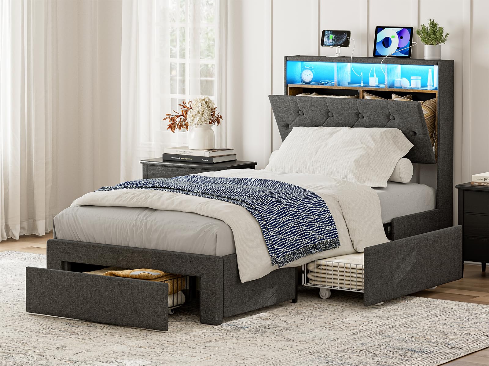 AOVSA Twin XL Bed Frames with Storage Drawers, Hidden Storage Headboard with LED Lights & Charging Station, Upholstered Twin XL Platform Bed, No Box