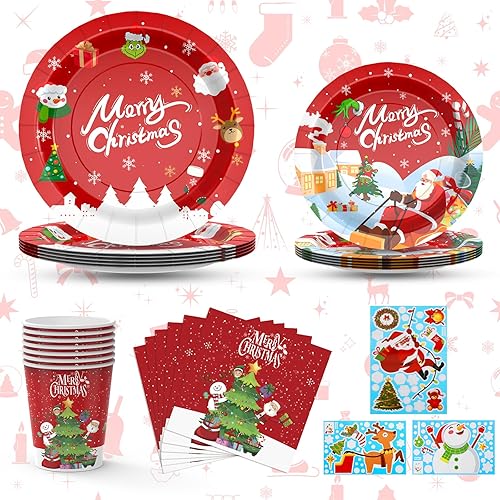 Los juegos de platos y servilletas de papel de Navidad incluyen platos de fiesta de Navidad, servilletas de Navidad, tazas y adhesivos de ventana