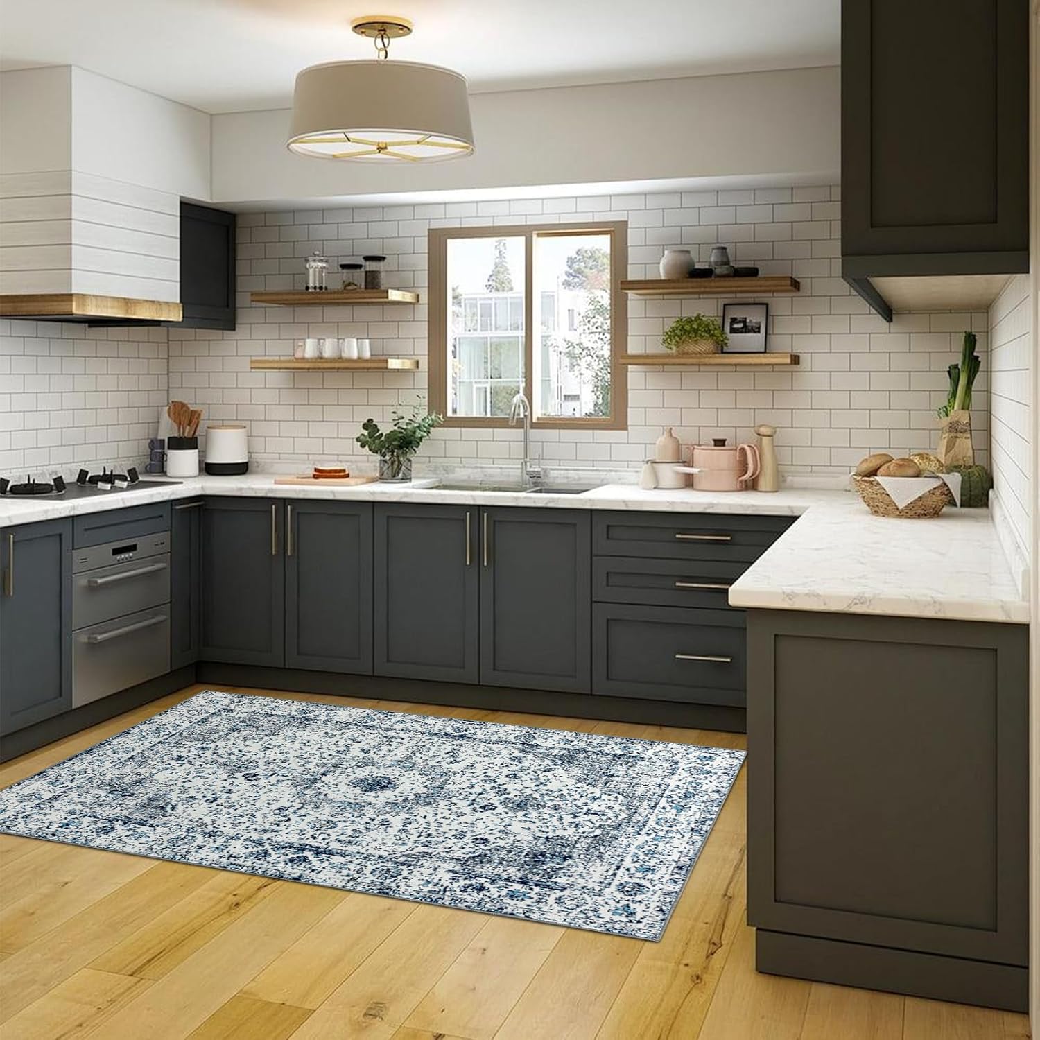 Easy-Going Area Rug 5x7 Washable Boho Rugs for Living Room Non-Slip Bedroom Rug Low Pile Lightweight Floral Print Vintage Throw Rug for Dining Room Kitchen Home Office Carpet, Blue Cream - Image 6