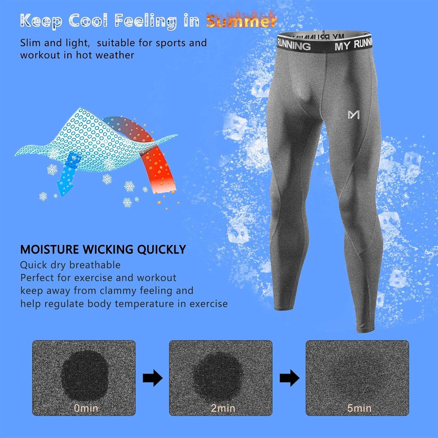 MEETYOO Men's Standard Compression Pants, Cool Dry Sports Workout Running Tights Leggings, Black+Grey, Large - Image 3