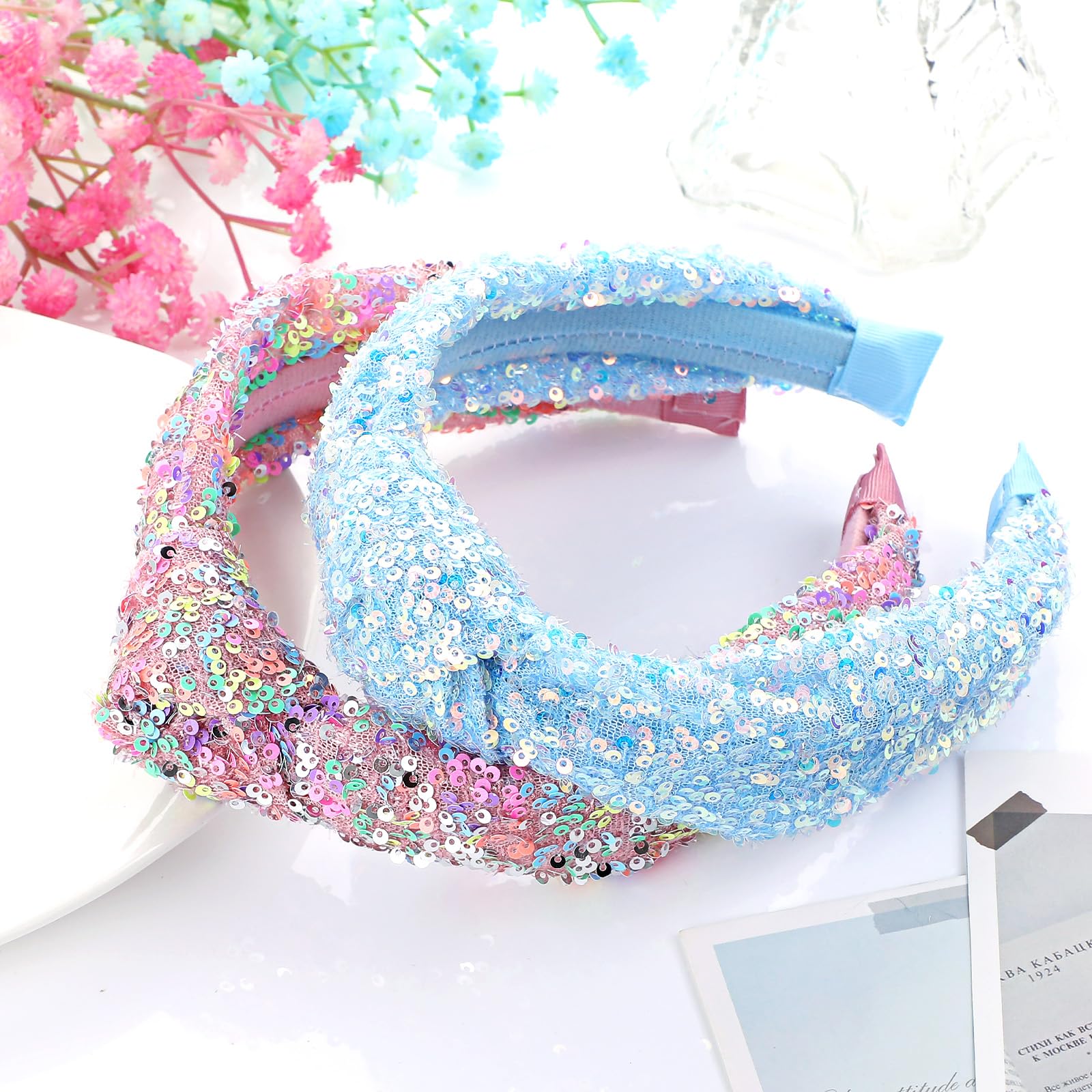 2Pcs Glitter Headbands for Girls Cute Sparkly Wide Thick Head Bands Bling Non Slip Hairband Rainbow Sequin Fashion Knotted Headbands for Women Colourful Iridescent Headware for Christmas Costume Decor - Image 3