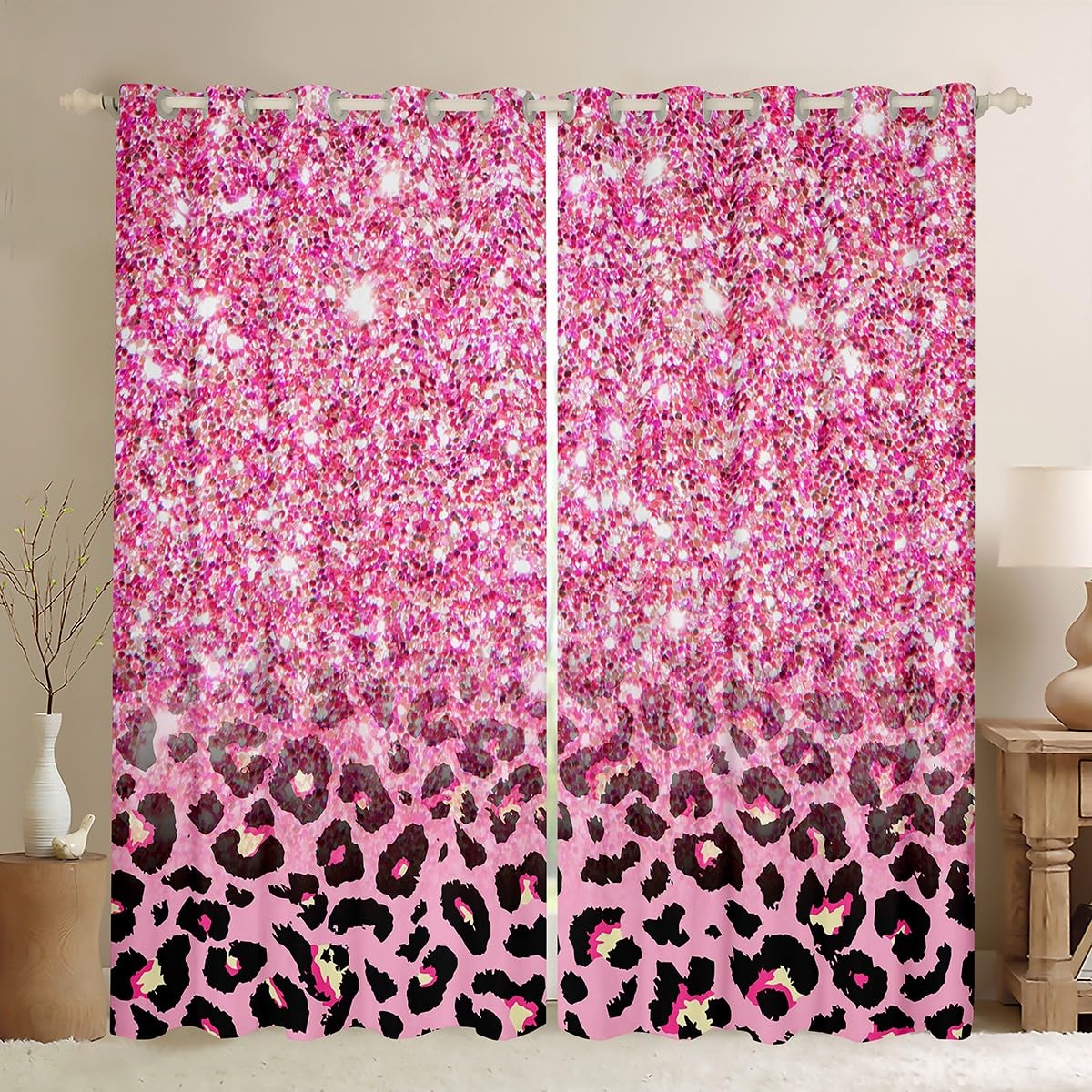 Amazon｜城の妖精 ピンク ヒョウ柄カーテン きらめくきらきらきらきら