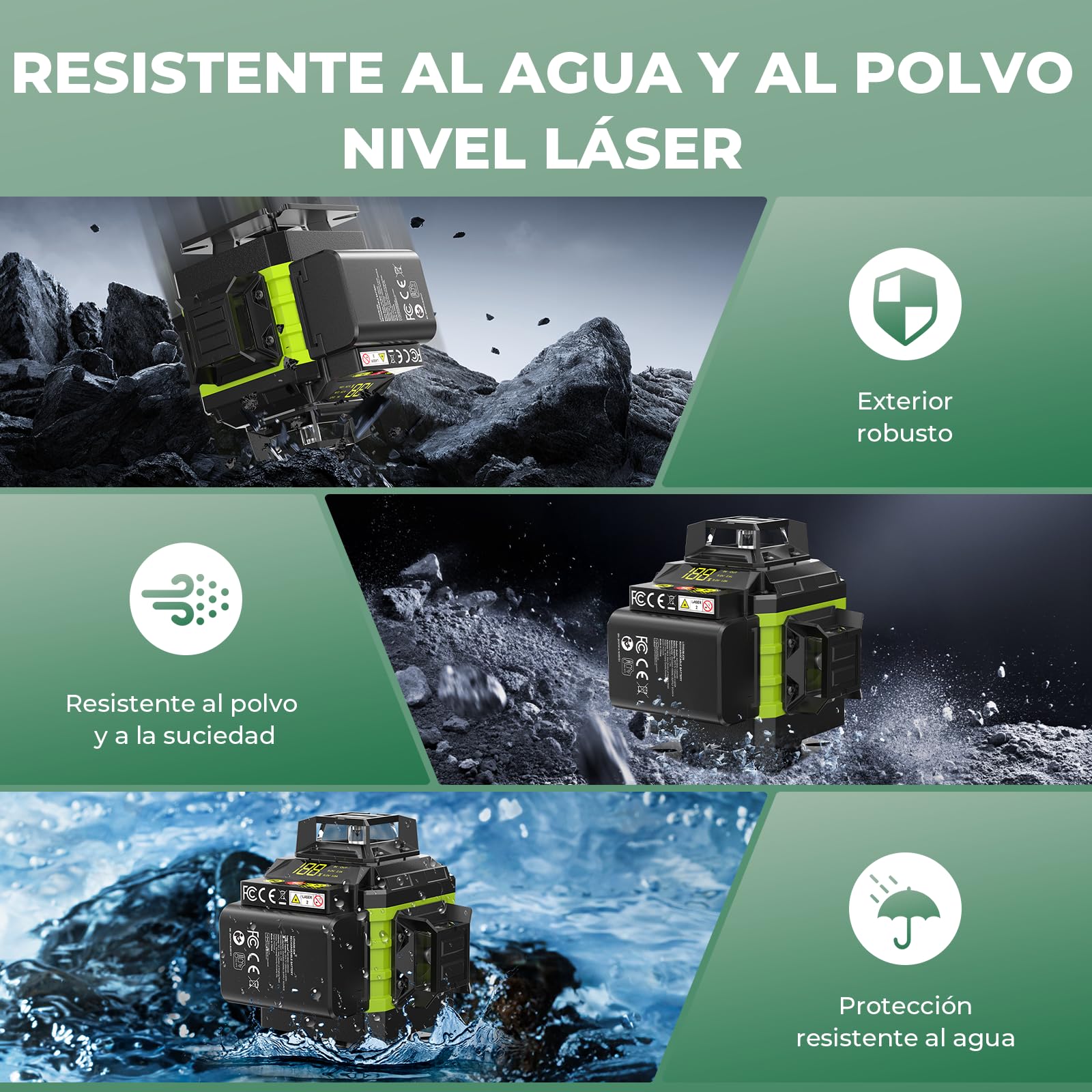 Nivel Laser Autonivelante 360 Grados, Nivel Láser Verde 16 Líneas, 2 x 360 Horizontal y 2 x 360 Verticales, 2 x Batería, Montaje en Pared, Control Remoto, Base Magnética, Soporte Giratorio, Trípode