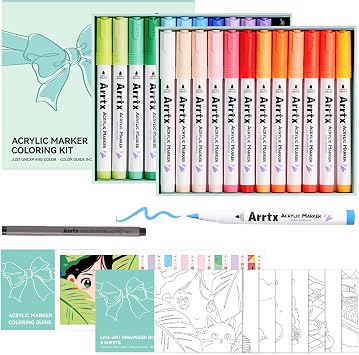 Acrylic Marker Coloring Kit, 24 Colors Acrylic Markers with 0.3mm Fineliner Pen, 8 Unique Line Drafts & Coloring Guide,All-in-One Stress Relief Art Gift Set for Beginners Hobby Artists