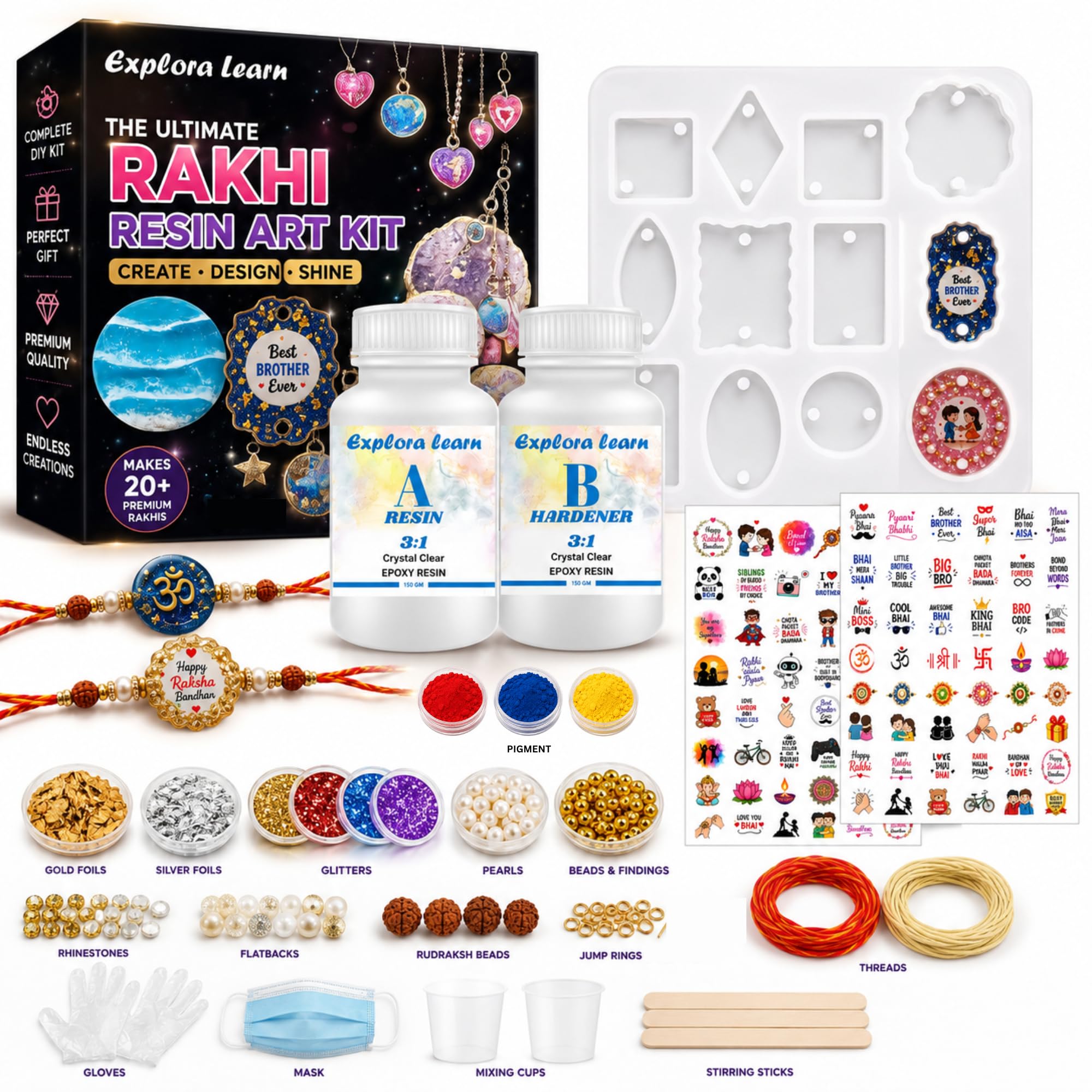 Exploralearn 125 Pcs Rakhi Resin Art Kit | Complete Epoxy Resin Art Kit with Mould for Rakhi, Resin, Hardener, Glitter, Pigments,Sticker Sheets & Much More | Make 20+ DIY Handmade Raksha bandhan craft kit-picture-12