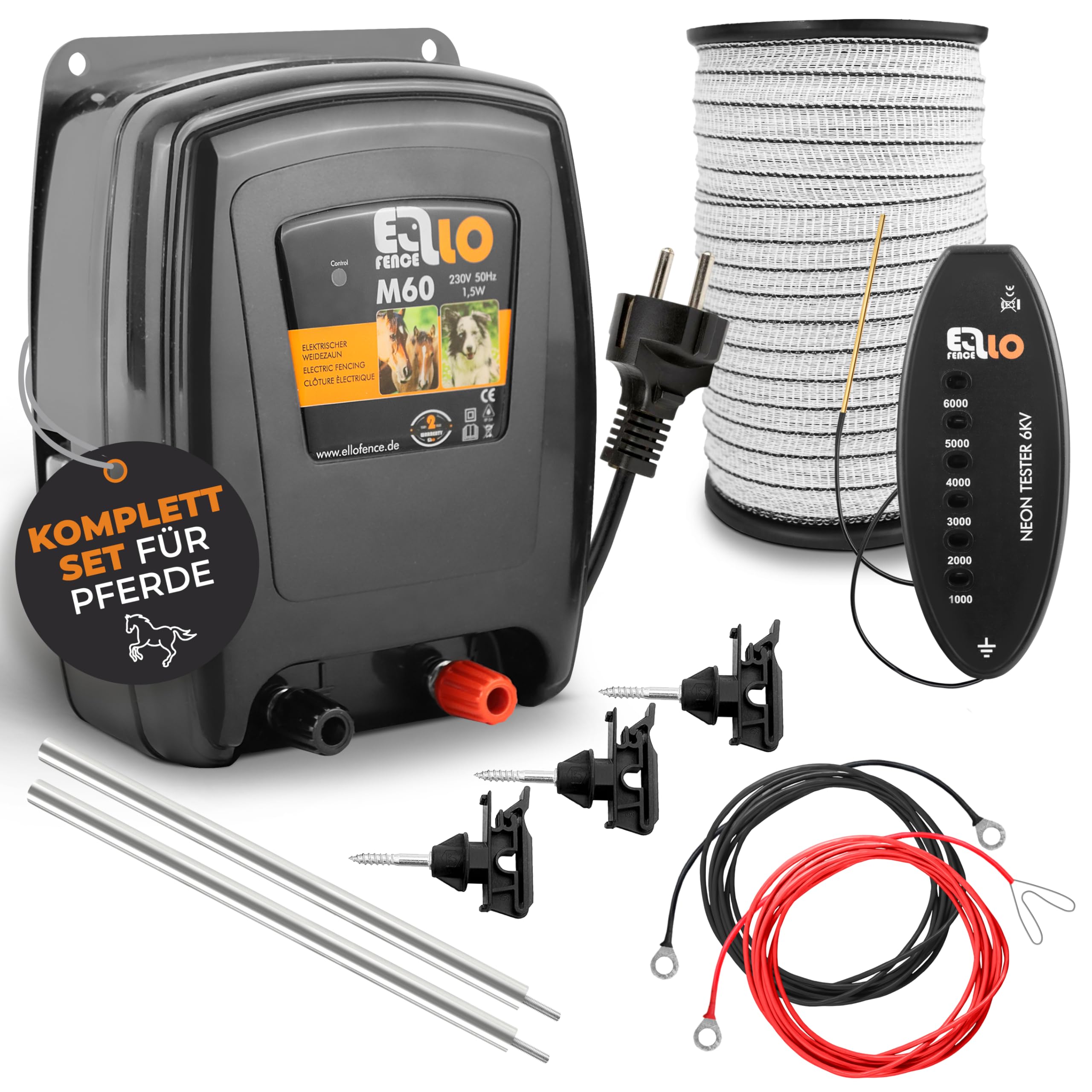 Weidezaun Set für Pferde | 230V Komplettset mit 200m Weideband | Für einen zuverlässigen Pferdezaun | Inklusive Weidezaungerät 230V, Erdung, Isolatoren und LED Zaunprüfer