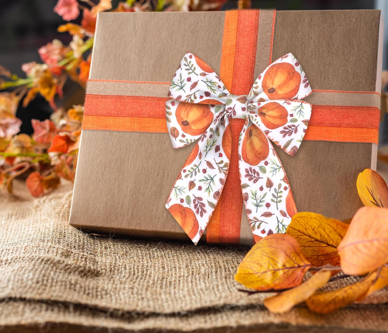 2 Rolls Fall Burlap Wired Pumpkin Striped Ribbon for Gift Wrapping image 4