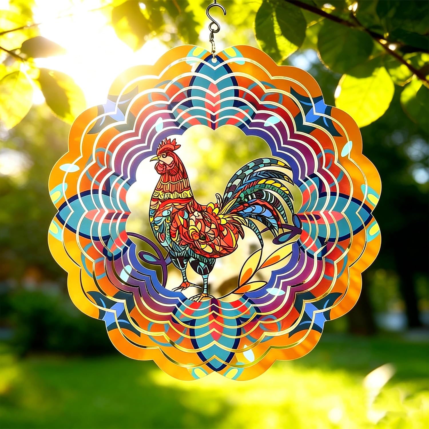 Wind Spinner Mandala Rooster 12 Inch 3D Stainless Steel Hand Painted Garden Decor, Outdoor Wind Sculptures Yard Art, Reflective Spinning Decoration, Gift for Women Men
