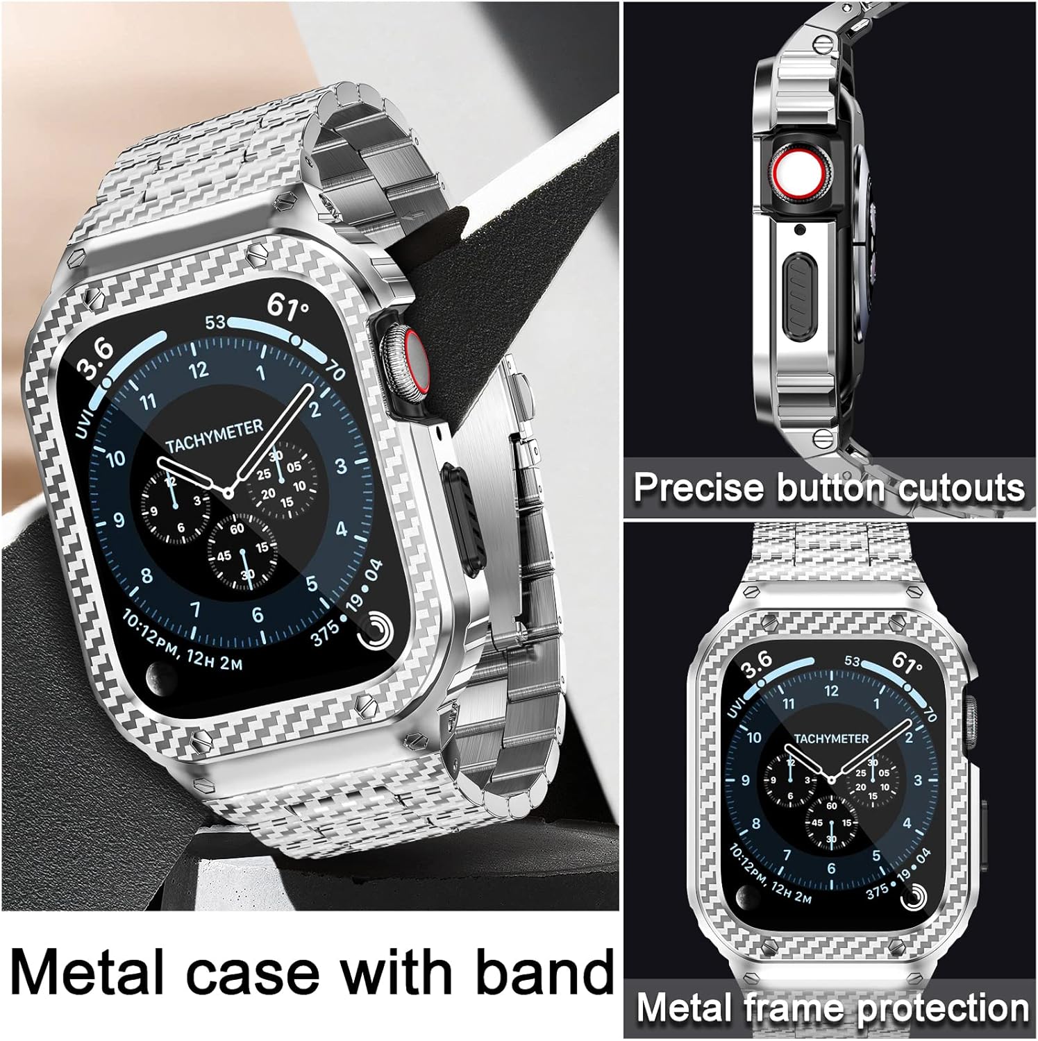 MioHHR Stainless Steel Band and Case Compatible with Apple Watch Band 45mm, Men Metal Protective Bumper Cover for iWatch Series 9/8/7, Silver Pattern - Image 2