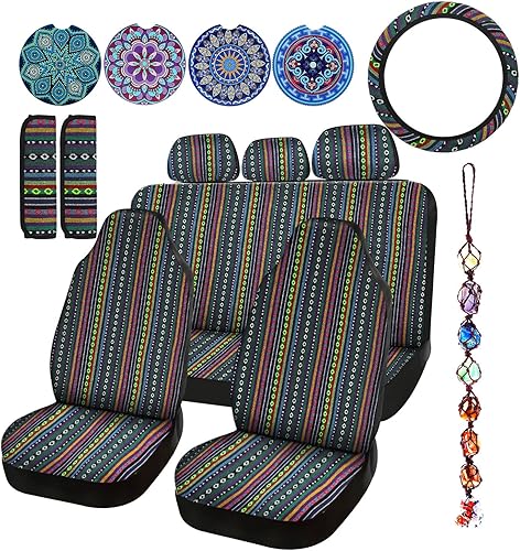 Frienda Juego completo de 14 fundas de asiento de automóvil Baja con estampado bohemio de rayas multicolor para volantecinturón de seguridad,