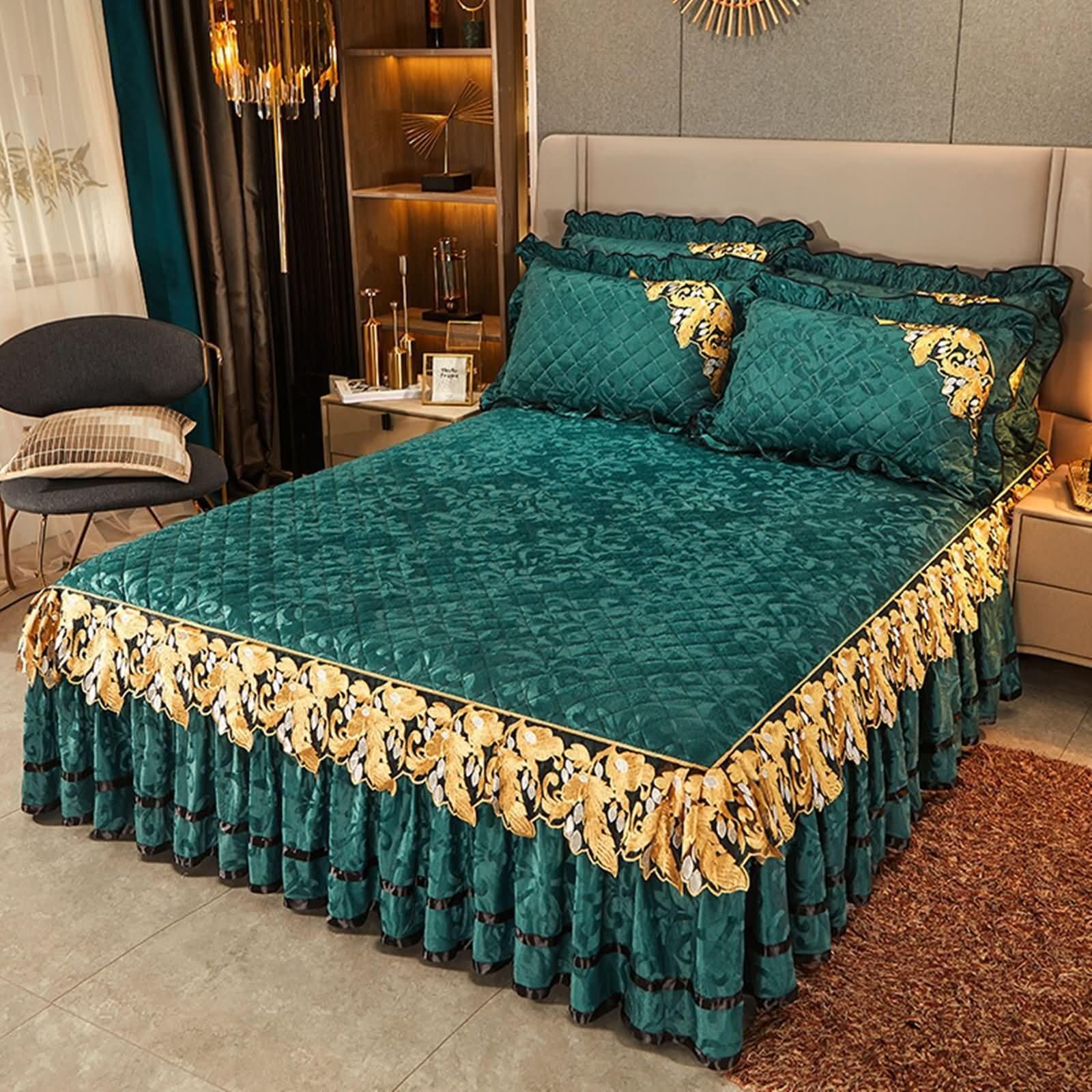 Pack de 3 Piezas Sabana Bajera Terciopelo Elastica, Patrón de Hoja con Encaje Bordado, 200 x 220 CM + 2 Fundas de Almohada, Bajera Cama Matrimonio Verde Oscuro