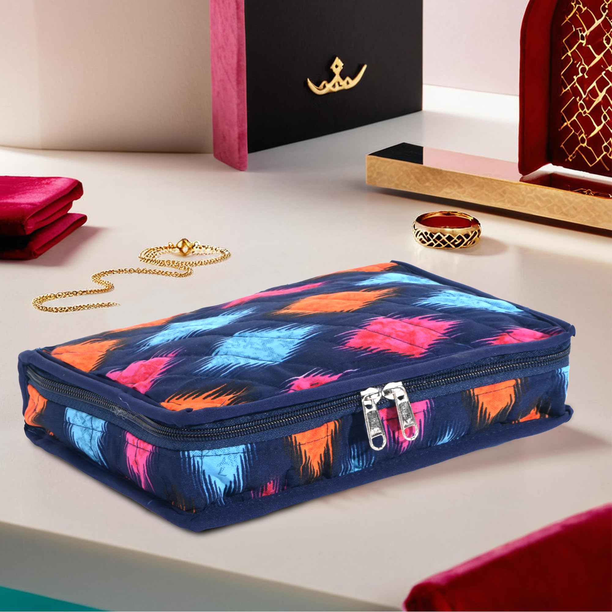 Kuber Industries Cotton Makeup Pouch Bag with 7 Compartments | Jewellery Organisers Pouch for Storage Earrings, Rings and Bracelet | Navazo Printed - Blue