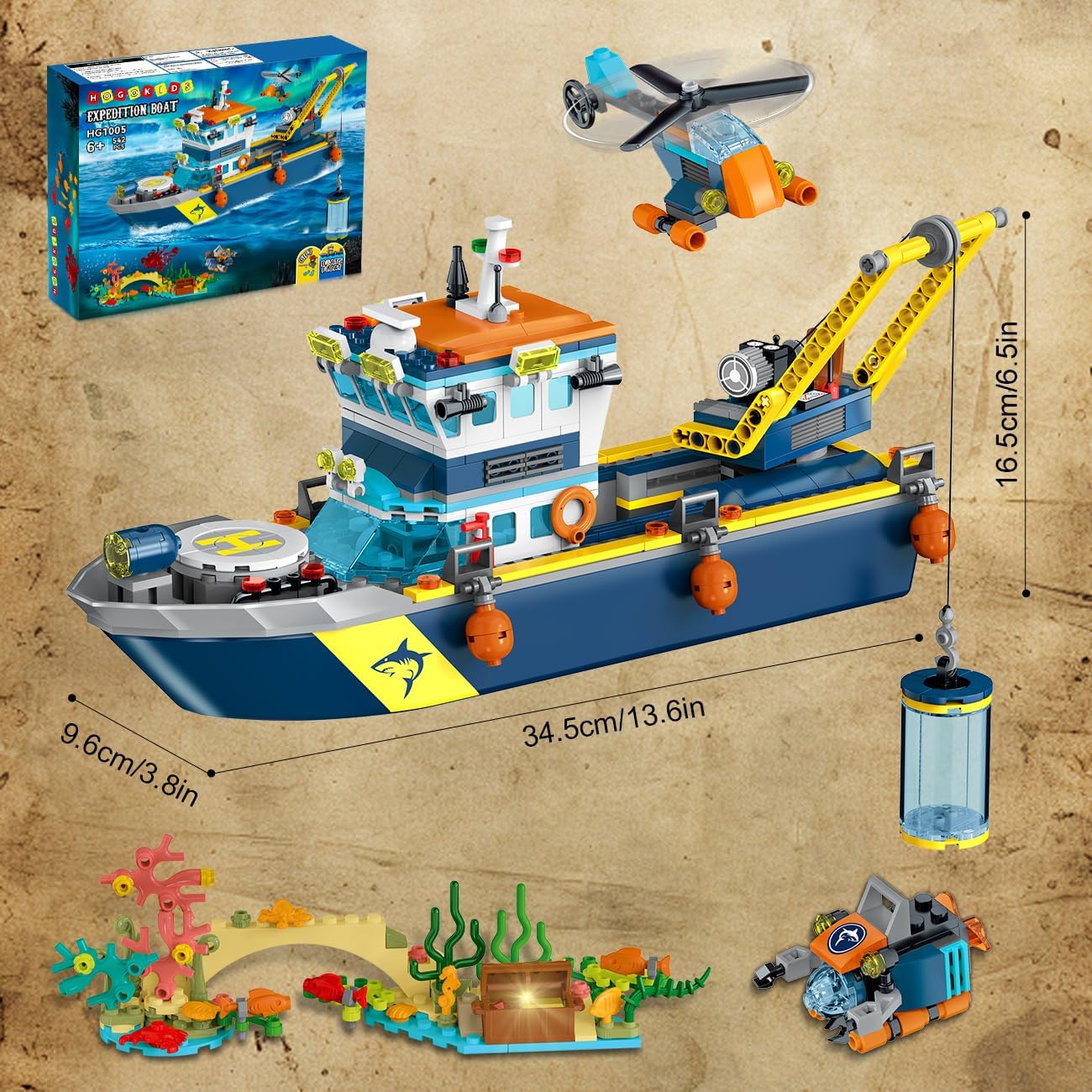 Diagram showing the dimensions of the HOGOKIDS Arctic Explorer Ship: 13.6 inches long, 3.8 inches wide, and 6.5 inches tall.