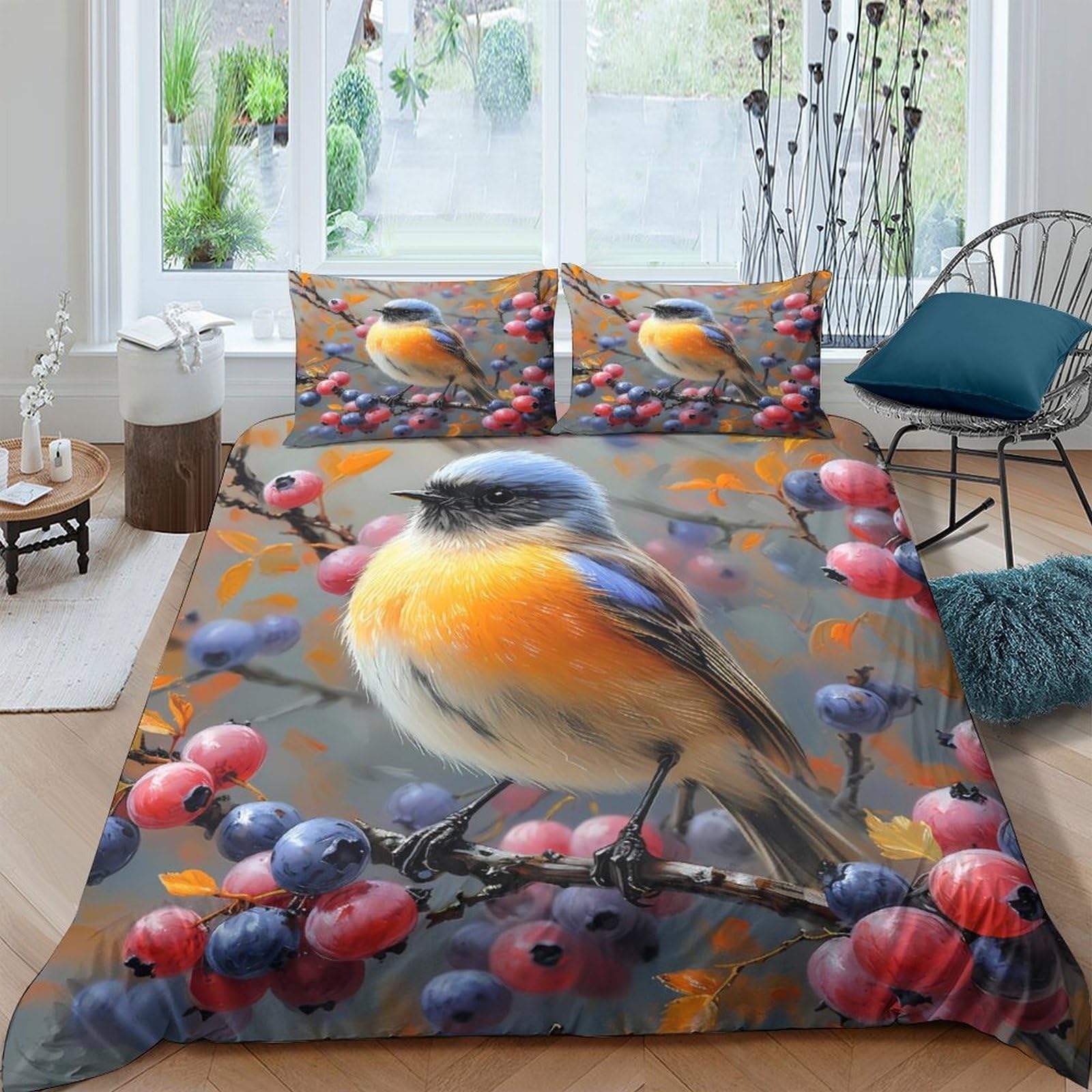 Ctjqhvkz Style-2 3D Printed Colorful Bird Fitted Sheet Microfiber Soft Non-Slip Berry Branch Bed Cover For Bedroom Guest Room Decor Single（135X200cm）