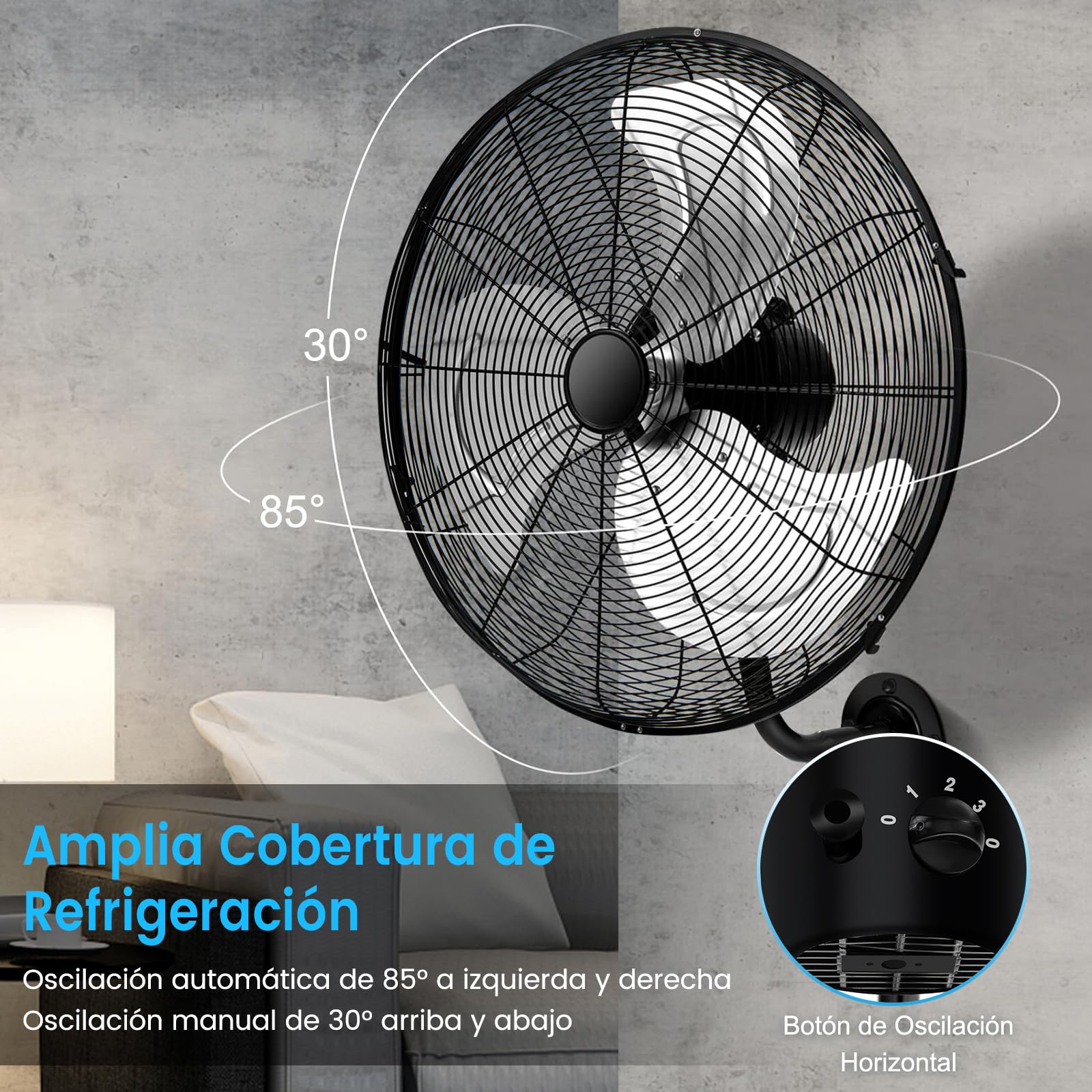 RELAX4LIFE Ventilador de Pared Ø56cm con 3 Velocidades (Negro) | Rotación Horizontal 85° y Vertical 30°, Ventilador Industrial Oscilante 120W con Pala de Aluminio para Almacén/Fábricas