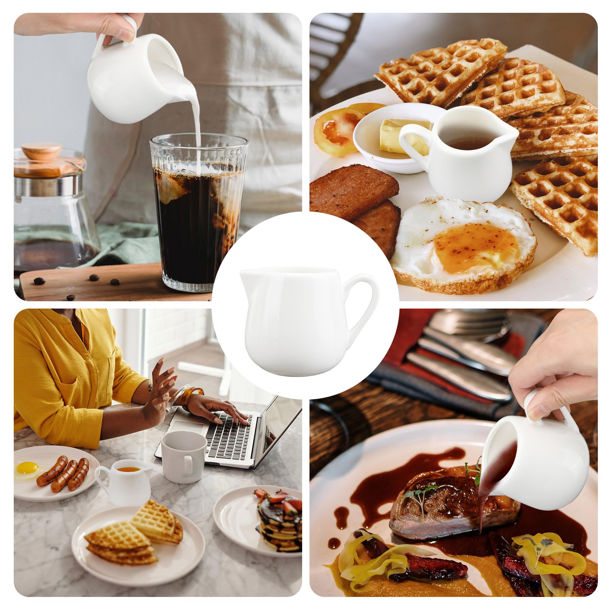 Keramikkännchen mit Griff, 237 ml, weißes Porzellan, kleiner Sahnekrug mit Griff, kleine Soßenkrüge für Milch, Kaffee, Tee, Marmelade, Saucen, 6 Stück