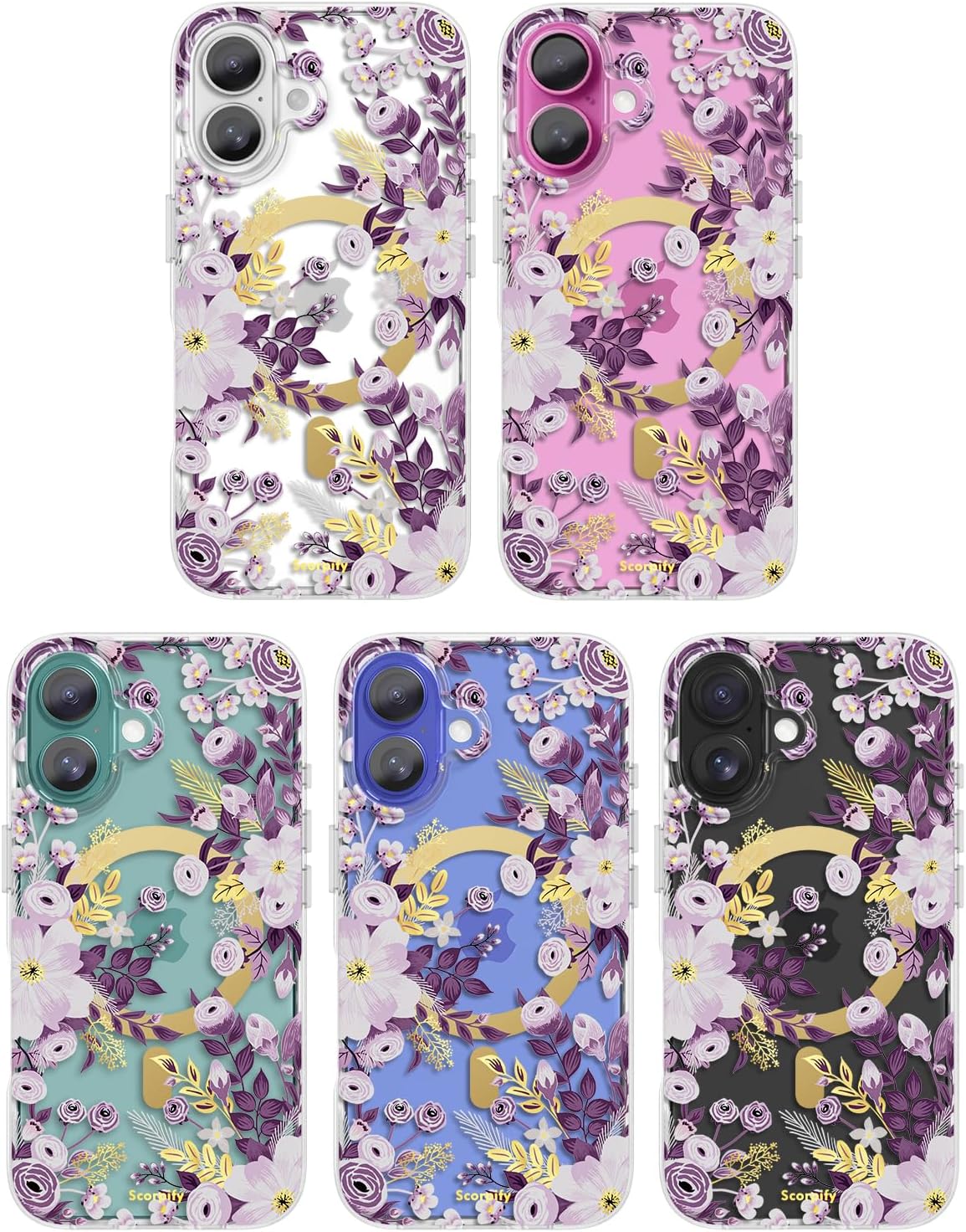 SCORPIFY for iPhone 16 Plus Case [Compatible with MagSafe] with Purple Nemophila Floral Design, Cute Clear Flower Magnetic Phone Cover for Women Girls, Slim Bumper with Gold Accents