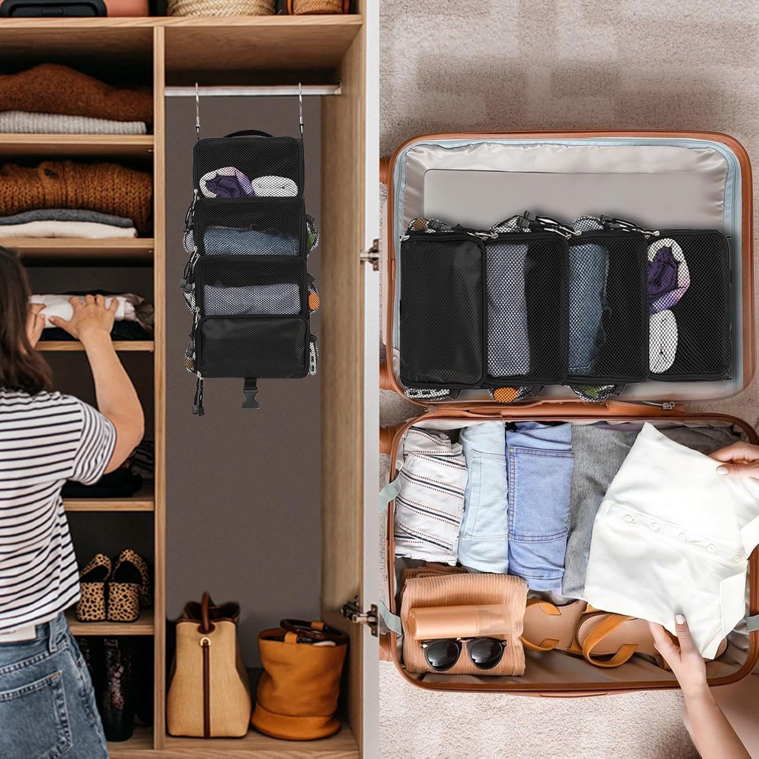 Surblue Travel Hanging Packing Cubes with 2 Hooks Hanging Shelves for Luggage Organizers Portable Compression 4 Shelf Closet Carry-on Suitcases Organizers, Small, Black - Image 2