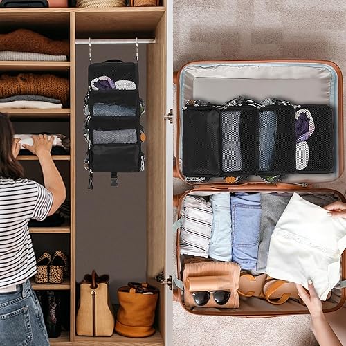 Miniatura 2 de Surblue Cubos de equipaje colgantes de viaje con 2 ganchos, estantes colgantes para organizadores de equipaje, compresión portátil de 4 estantes,