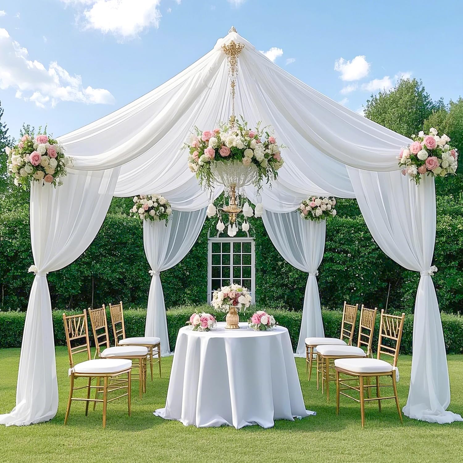 Weiße Deckenvorhänge für Hochzeiten, 6 Paneele, 1,5 x 3 m, durchscheinender Stoff, Hochzeitsdeckenvorhänge, Chiffon-Hintergrund, Vorhänge, Vorhänge für Partys, Hochzeitsempfang, Zeremonie