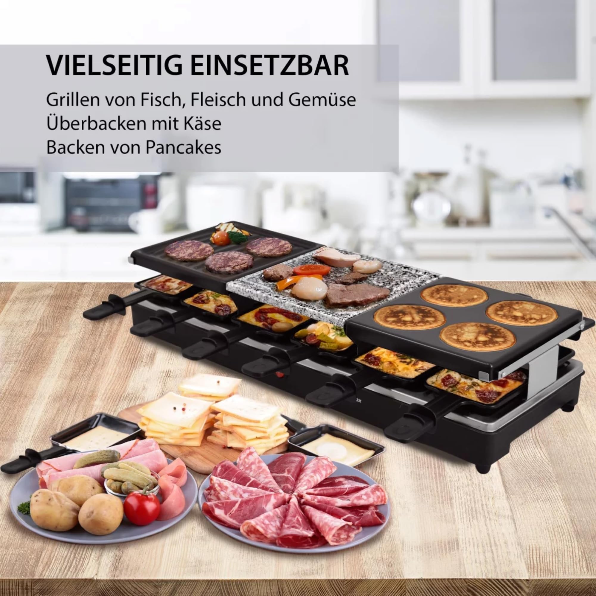 Syntrox Germany Raclette-Grill Oberwil mit geteilten Platten, Tischgrill, Partyraclette für 12 Personen 1350Watt, Raclette Zubehör, Multifunktional und Kompakt, 6 Kg, Party Zubehör