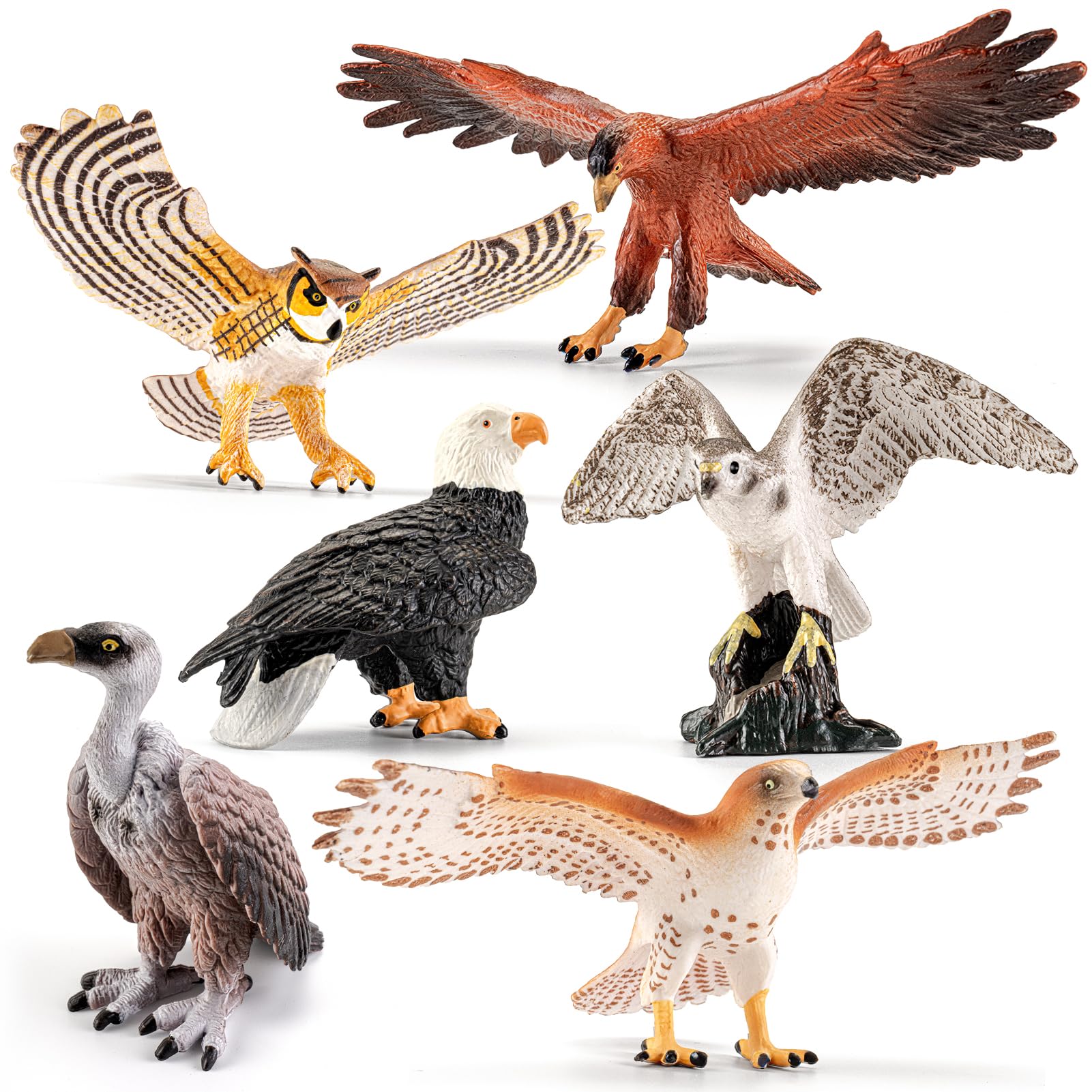 6PCS 6" Large Birds of Prey Animal Figurines,Include Hawk,Eagle,Owl,Falcon & Vulture Figu…