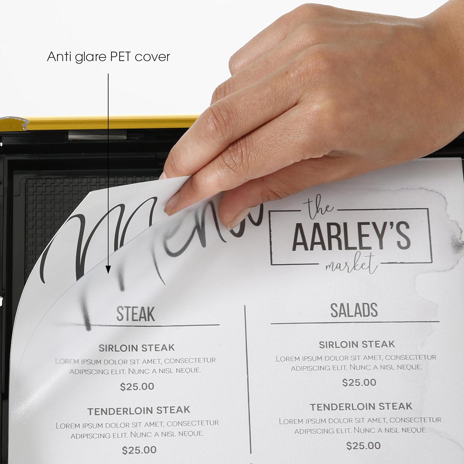 M&T Displays Simplistic Curved Menu Board, Anthracite Gray, Pedestal, Sign Holder, Floor Standing, Aluminum, Front Loading, Easy Open, Poster, Advertisement, Sign Holder for Restaurant, Cafe, Hotel (Gold, 8.5x11 inch)