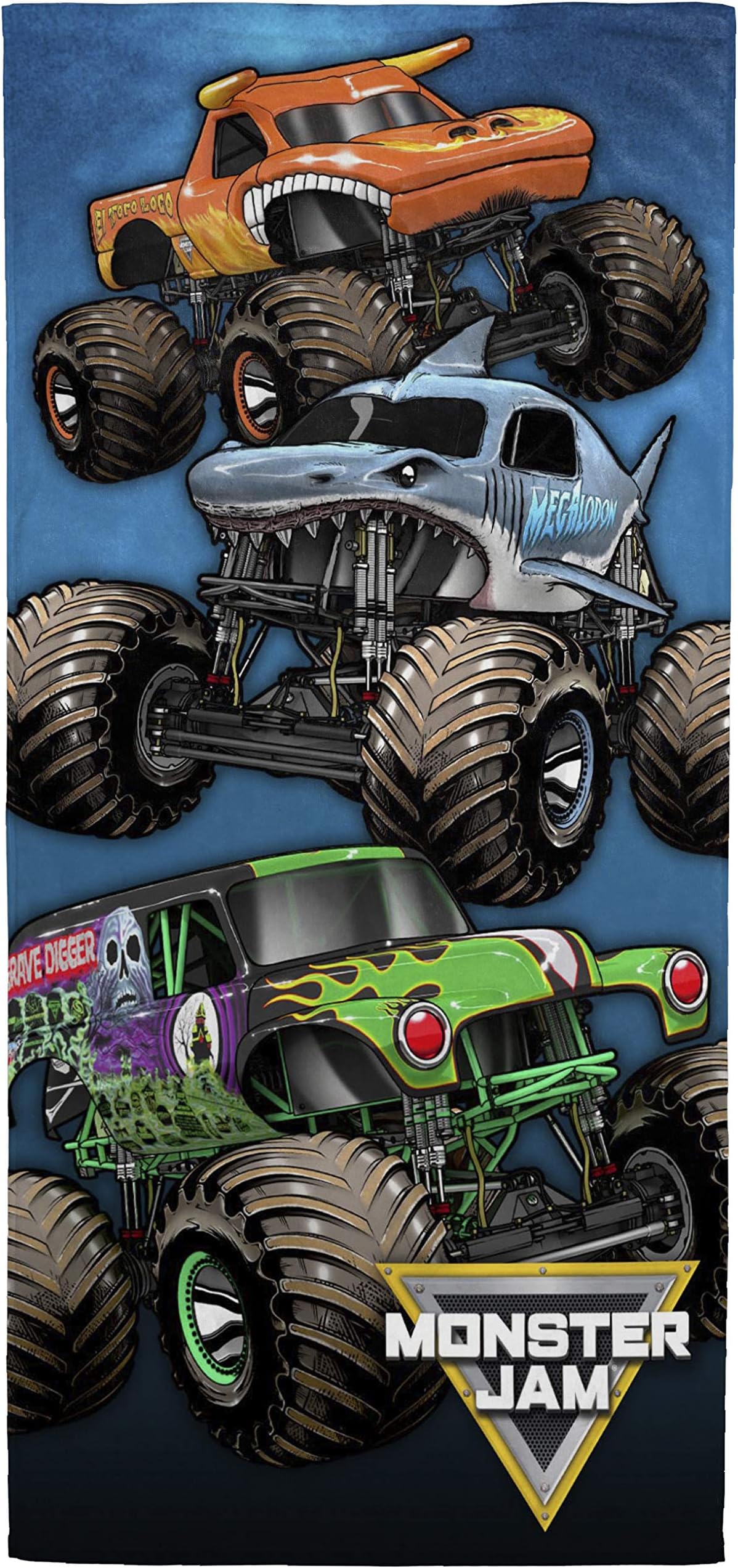 Jay Franco Monster Jam Team Up Kids Bath/Pool/Beach Towel - Features Grave Digger & Megalodon - Super Soft & Absorbent Cotton Towel, Measures 28 x 58 inches (Official Monster Jam Product)