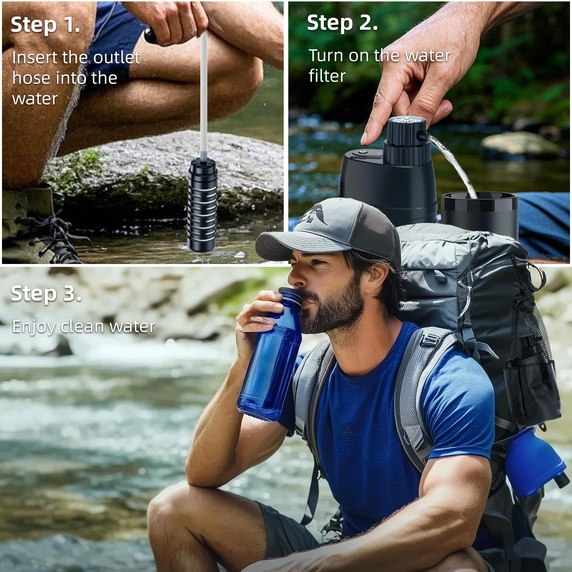 Filtre à eau portable, système de purificateur électrique extérieur 0,01 micron 6 étapes Purificateur d'eau équipement de survie pour camping, randonnée, voyage