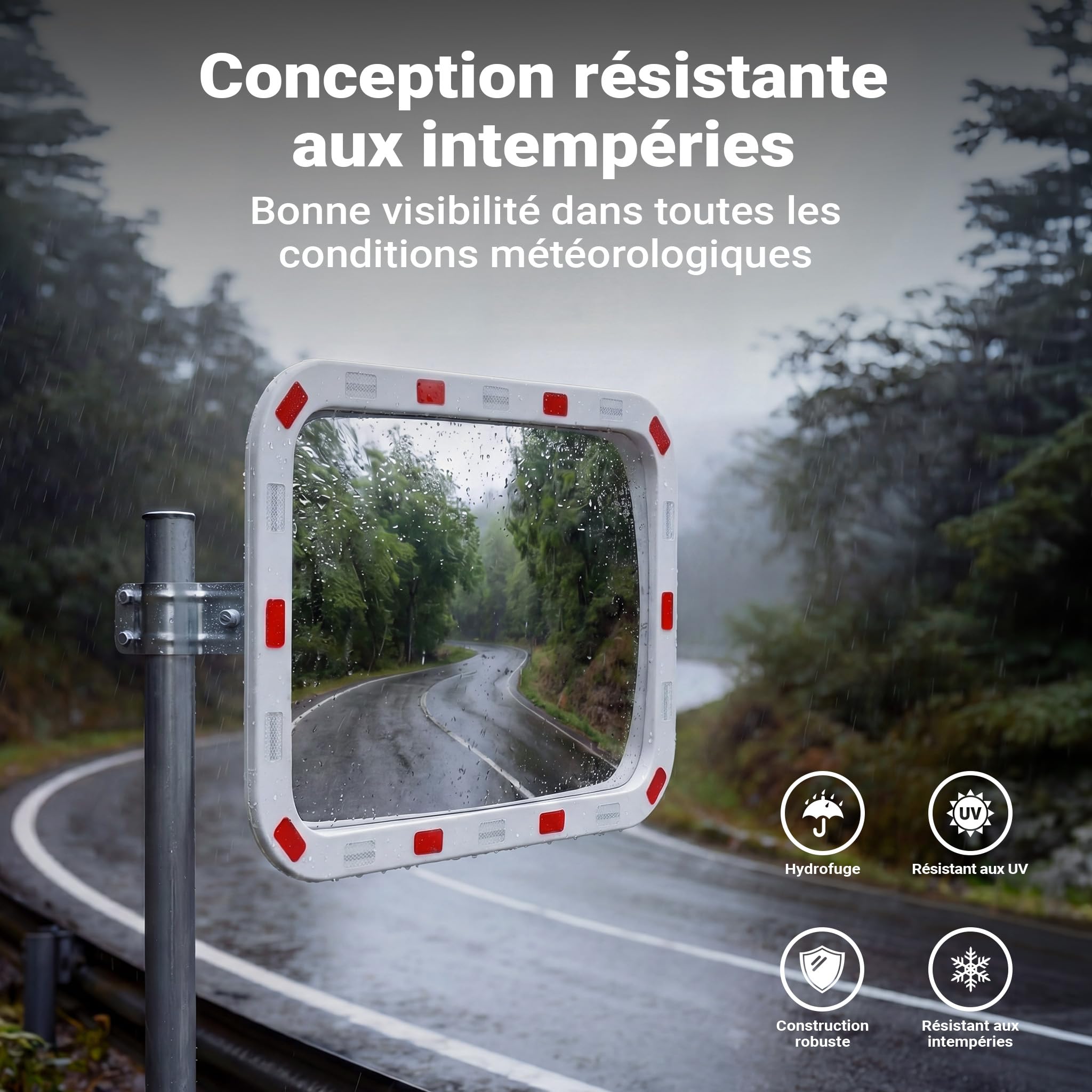 Wiltec Miroir routier convexe de circulation 50 x 70 cm Champ de vision de 130°-130° Bandes réfléchissantes Blanc-rouge Sécurité routière Outdoor Indoor Polycarbonate solide Surveillance Rue Magasin