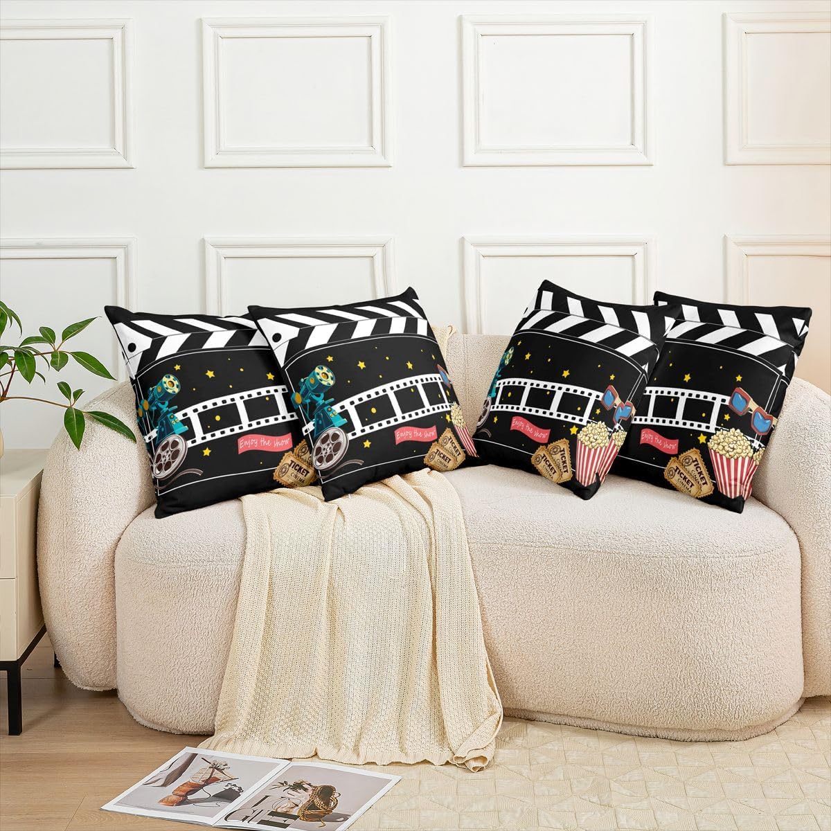 Erosebridal Pack of 4 Bucket Throw Pillow Covers 20x20 Theatre Pillow Covers Enjoy The Show Cushion Covers Popcorn Vintage Film Theater Cinema Show Decorative Accent Pillow Cases