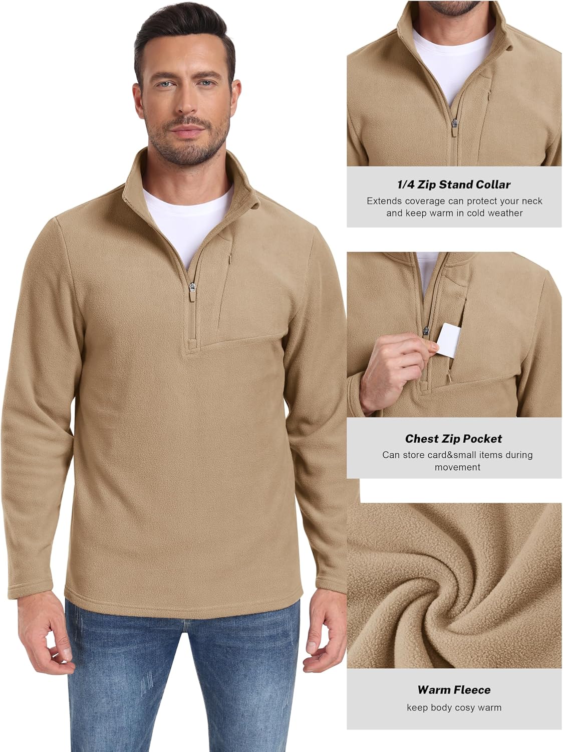 MoFiz Mens Quarter Zip Fleece Pullover Golf Zipper Pockets Long Sleeve Mock Neck Thermal Lightweight Sweatshirt