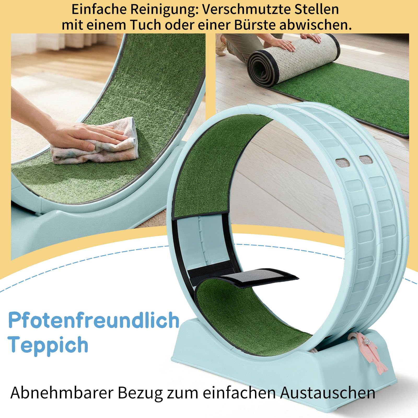 LEADZM Katzenlaufrad 80cm Durchmesser - Laufrad Katze aus Kunststoff, Inklusive Teppich und Katzenspielzeug, stabil und leise - Geeignet für Katzen mit einem Gewicht von höchstens 15 kg (Blau)