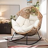 Vongrasig Wicker Egg Chair PE Rattan Rocking Chair with Cushion, Oversized Patio Lounge Rocker Chair for Outdoor, Indoor, Balcony, Backyard, Garden, Beige