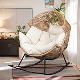 Vongrasig Wicker Egg Chair PE Rattan Rocking Chair with Cushion&comma; Oversized Patio Lounge Rocker Chair for Outdoor&comma; Indoor&comma; Balcony&comma; Backyard&comma; Garden&comma; Beige