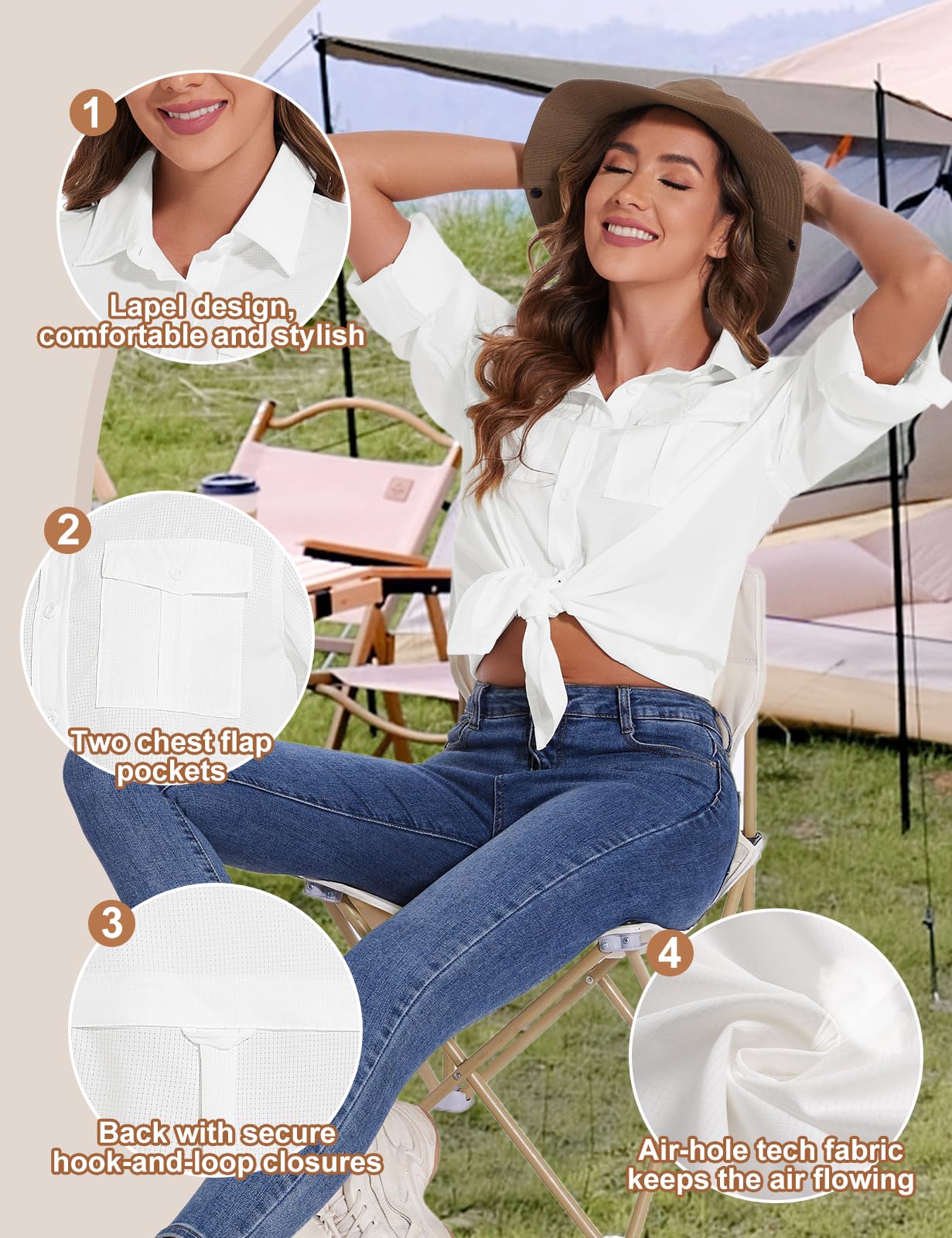 Tuopuda Hemdbluse Damen UV Shirt UPF50+ UV Schutz Safari Kleidung Wanderbluse Outdoor Cooling Sonnenschutz Langarm Luftiges Hemd Tops Sport Oberteile Atmungsaktiv