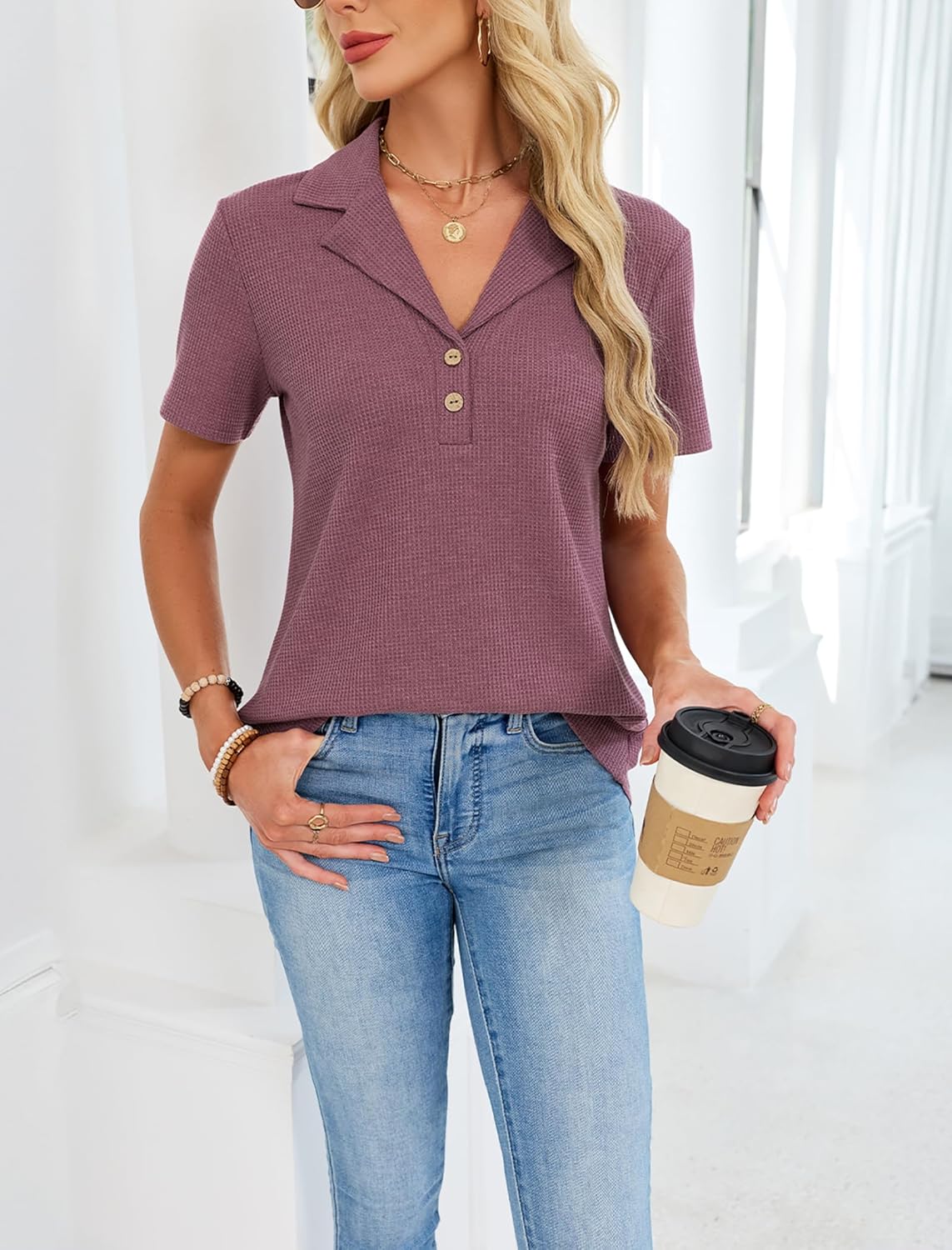 Womens Waffle Knit Polo Shirt Casual V Neck Collared Tops Relaxed Fit Short Sleeve Work Blouses - Image 5